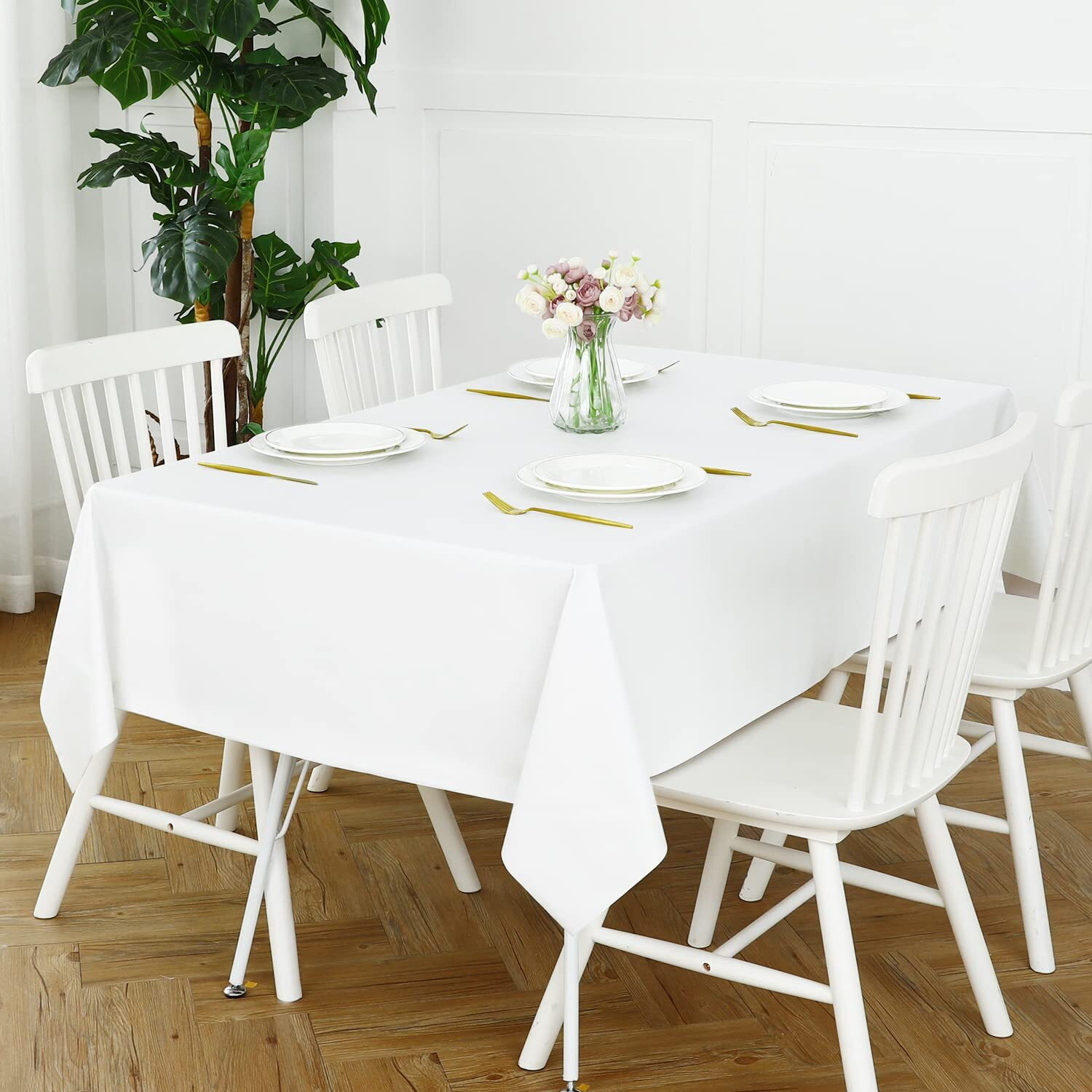 Romanstile 100% Waterproof Rectangle Pvc Tablecloth, Oil Spill Proof Vinyl Table Cloth, Heavy Duty Wipe Clean Plastic Table Covers For Kitchen/Dining/Parties - 54 X 120 Inch, White