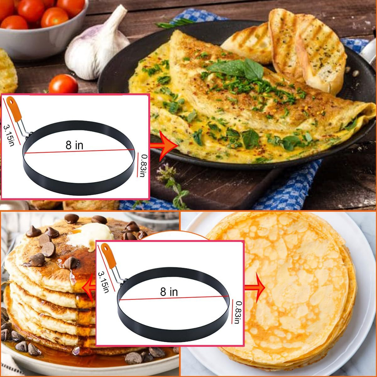 2 Packs 8"" Large Omelette Ring For Griddle,8 Inch Stainless Steel Non-Stick Omelet Ring, Round Pancake Rings Griddle Omelet Rings With Silicone Handle Grill Oil Brush & Egg Separator