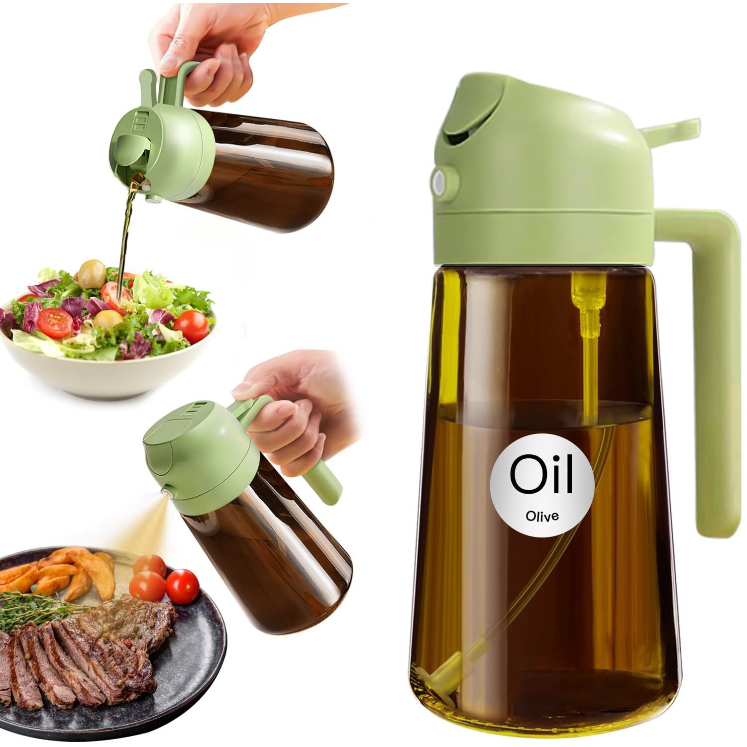Yarramate 16Oz/470Ml Light Blocking Oil Sprayer For Cooking With Stickers, Food-Grade 2 In 1 Olive Oil Dispenser Bottle For Kitchen, Premium Dark Amber Glass Oil Bottle For Air Fryer, Bbq(Green)