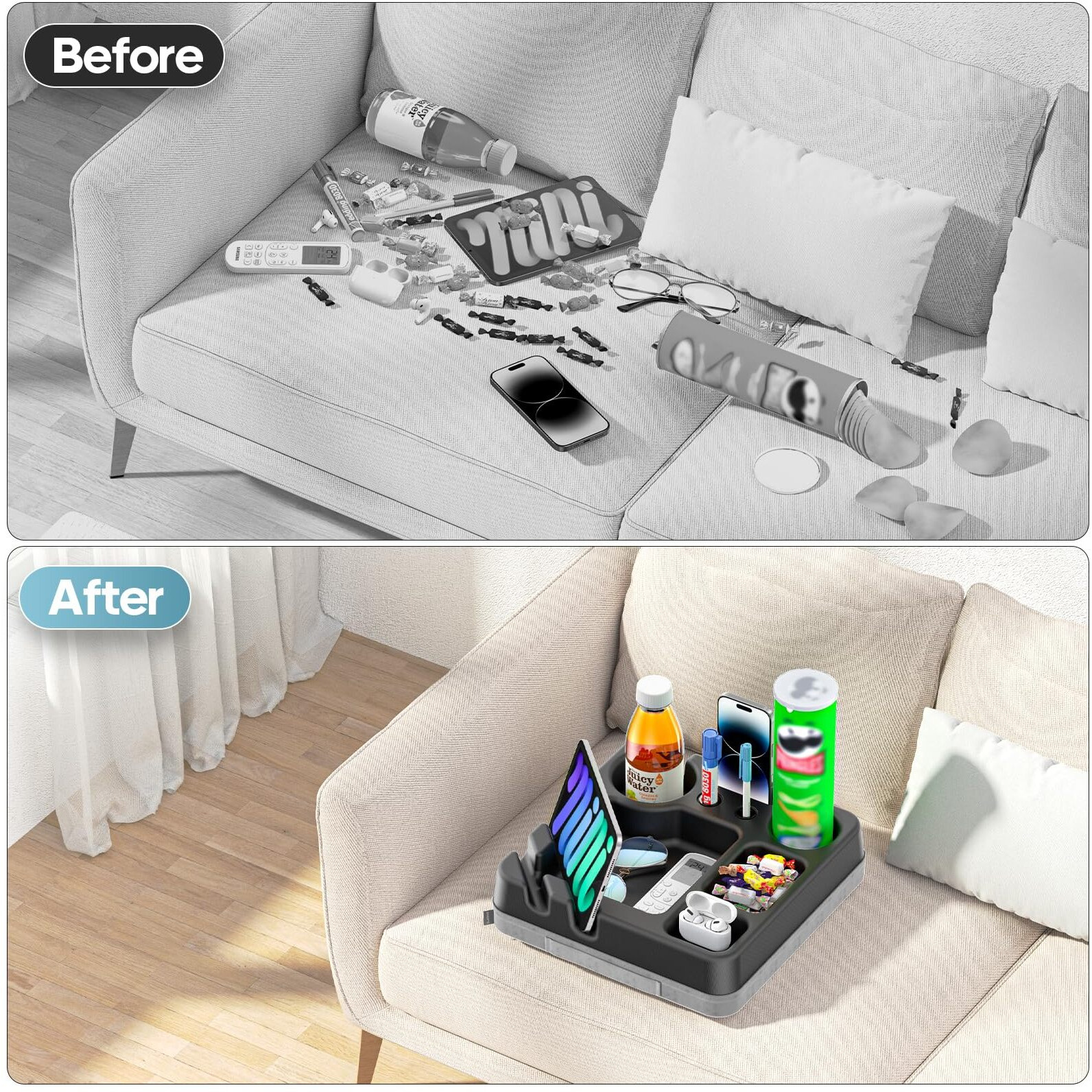 Couch Cup Holder Tray Couch Cup Holder Pillow Bed Tray Sofa Car Seat Caddy Beach Organizer Sofa Drink Holder Anti-Spill Portable Snack Caddy Couch Remote Holder For Phone Tablet Beverage Pen Black