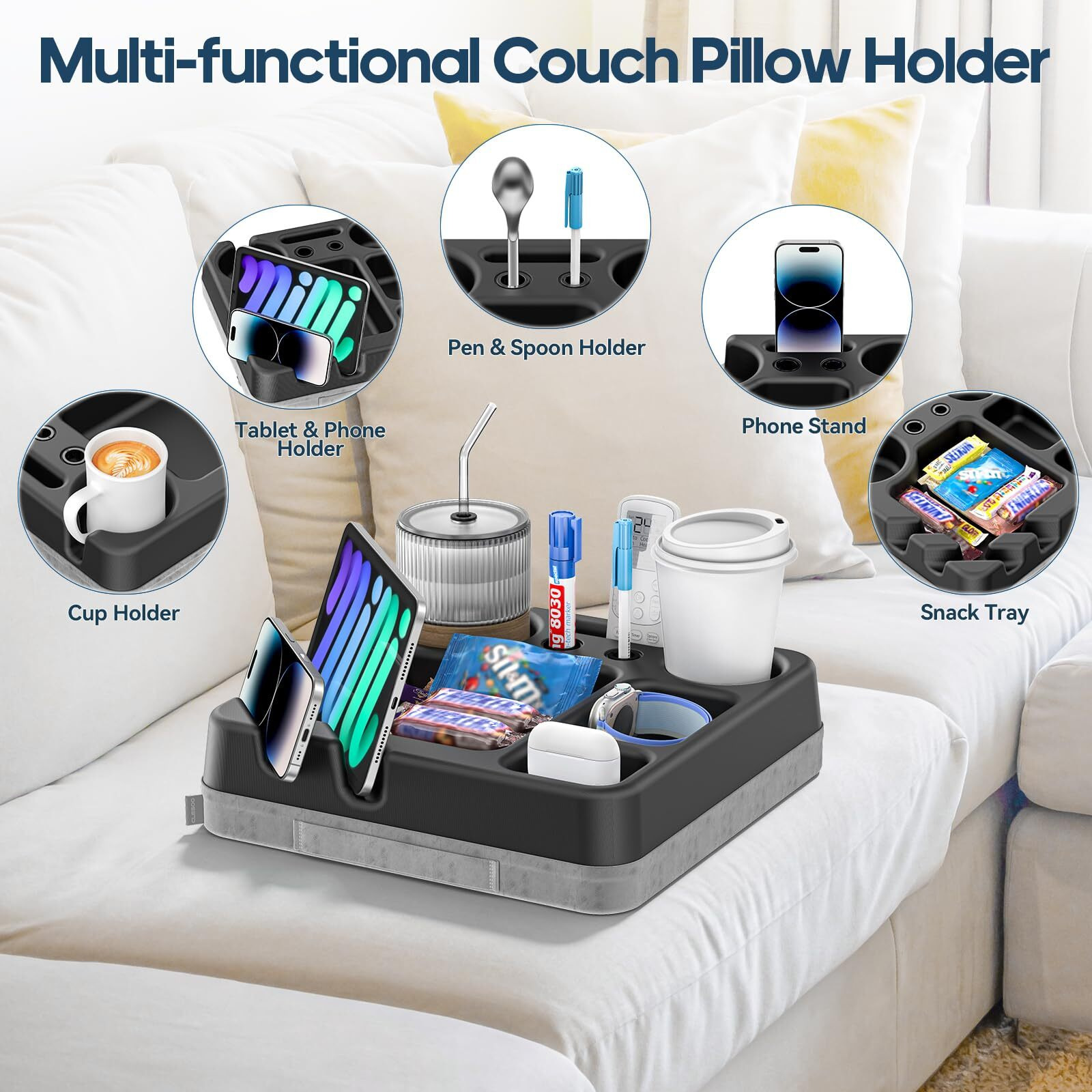 Couch Cup Holder Tray Couch Cup Holder Pillow Bed Tray Sofa Car Seat Caddy Beach Organizer Sofa Drink Holder Anti-Spill Portable Snack Caddy Couch Remote Holder For Phone Tablet Beverage Pen Black