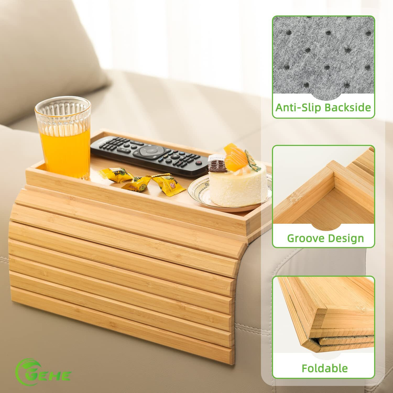 Gehe Bamboo Sofa Arm Tray, Foldable Couch Arm Tray Side Table, Anti-Falling Armrest Tables Cup Holder For Snacks, Drinks, Beers, Phone, Control, Flexible And Portable, Anti-Slip Bottom