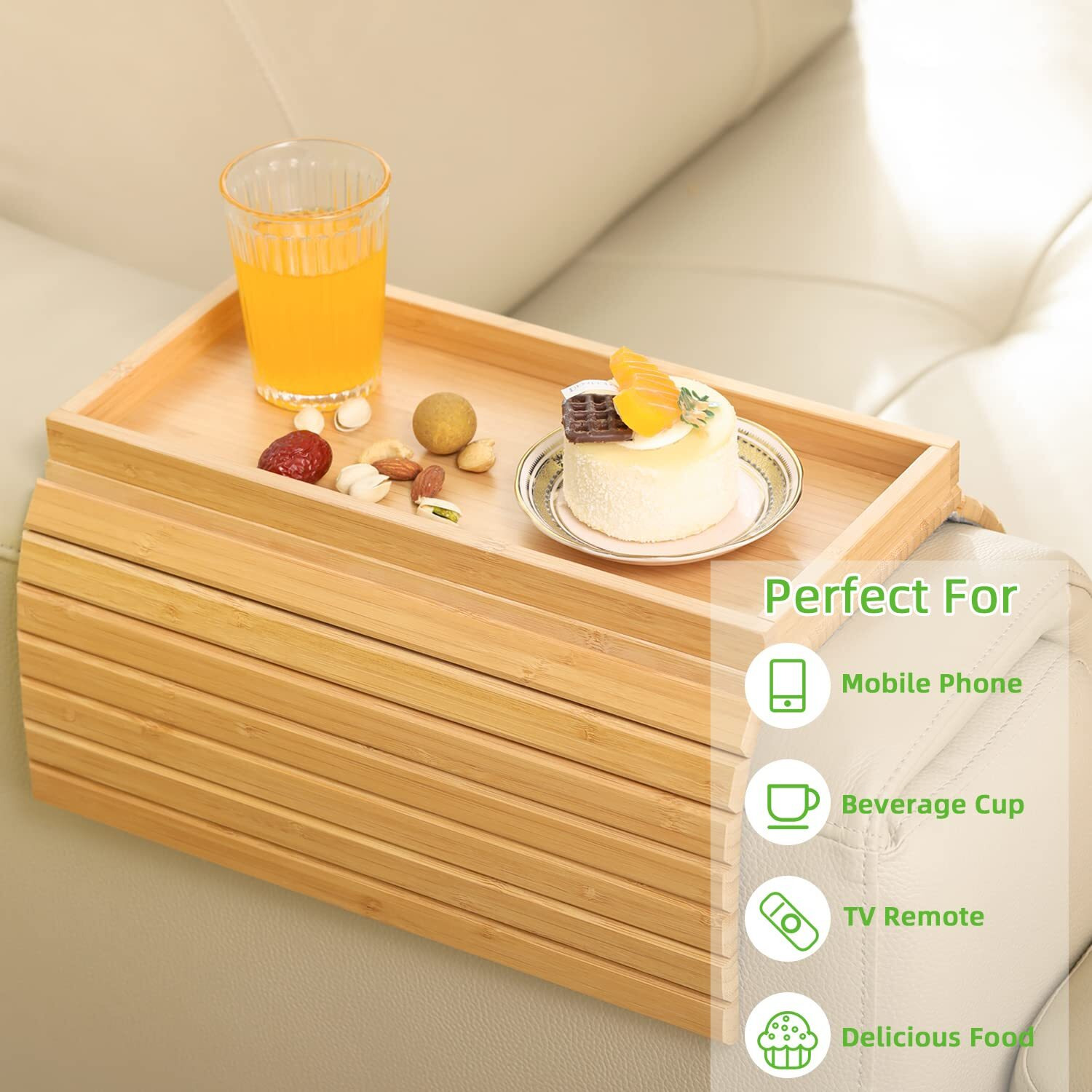 Gehe Bamboo Sofa Arm Tray, Foldable Couch Arm Tray Side Table, Anti-Falling Armrest Tables Cup Holder For Snacks, Drinks, Beers, Phone, Control, Flexible And Portable, Anti-Slip Bottom