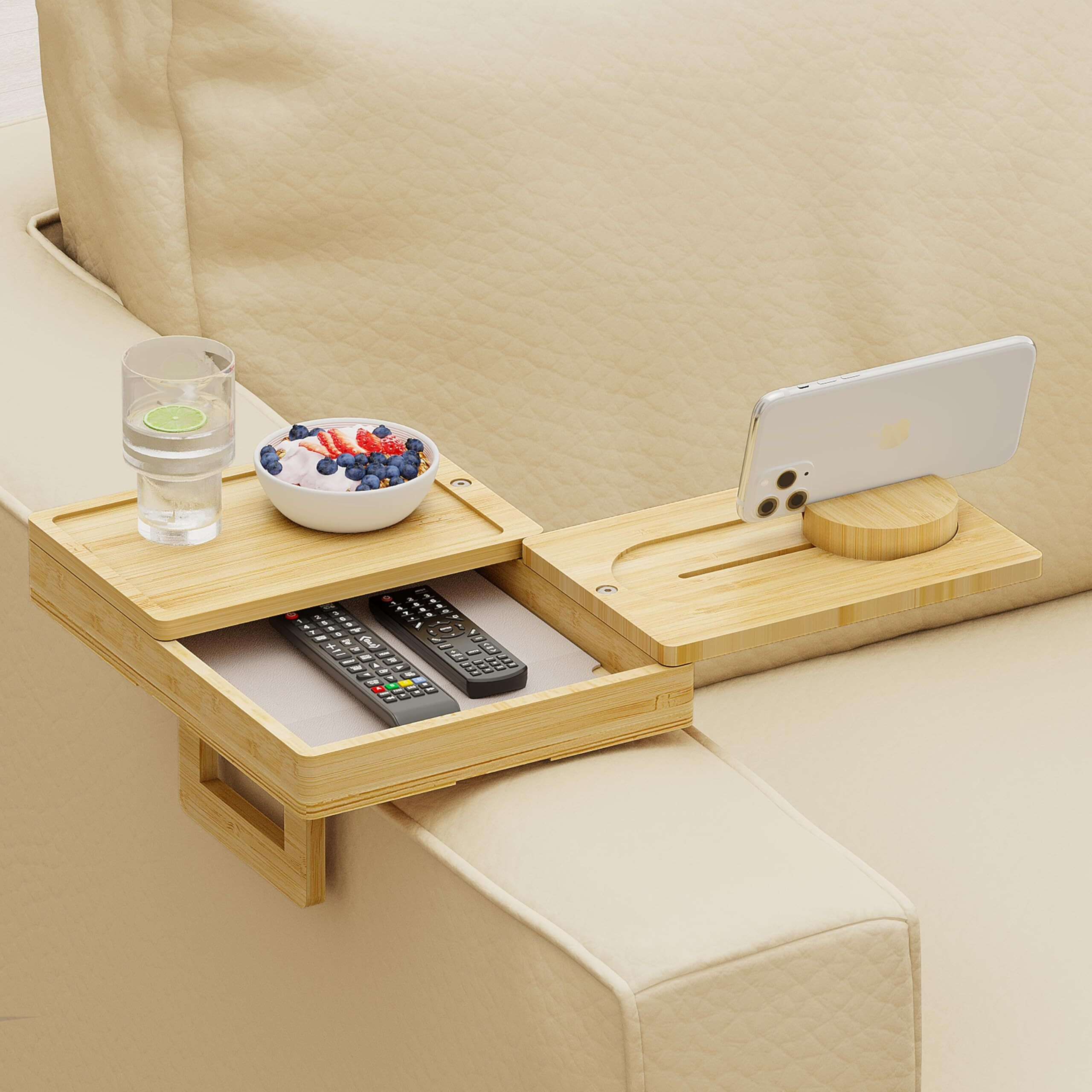 Wealone Bamboo Couch Arm Tray With 2 Rotatable Tray, Adjustable Sofa Arm Clip Table With Storage Box & 360 Phone Holder, Couch Armrest Table For Snacks, Drinks Or Dining