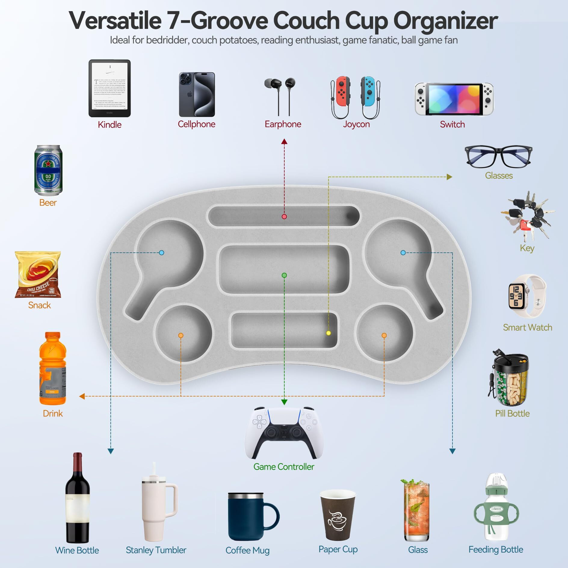 Couch Cup Holder Pillow Tray With 7 Slots, Couch Caddy & Buddy As Gaming Pillow, Sofa Drink Or Snack Holder, Sofa Organizer For Cup, Drink, Game Controller, Remote, Phone