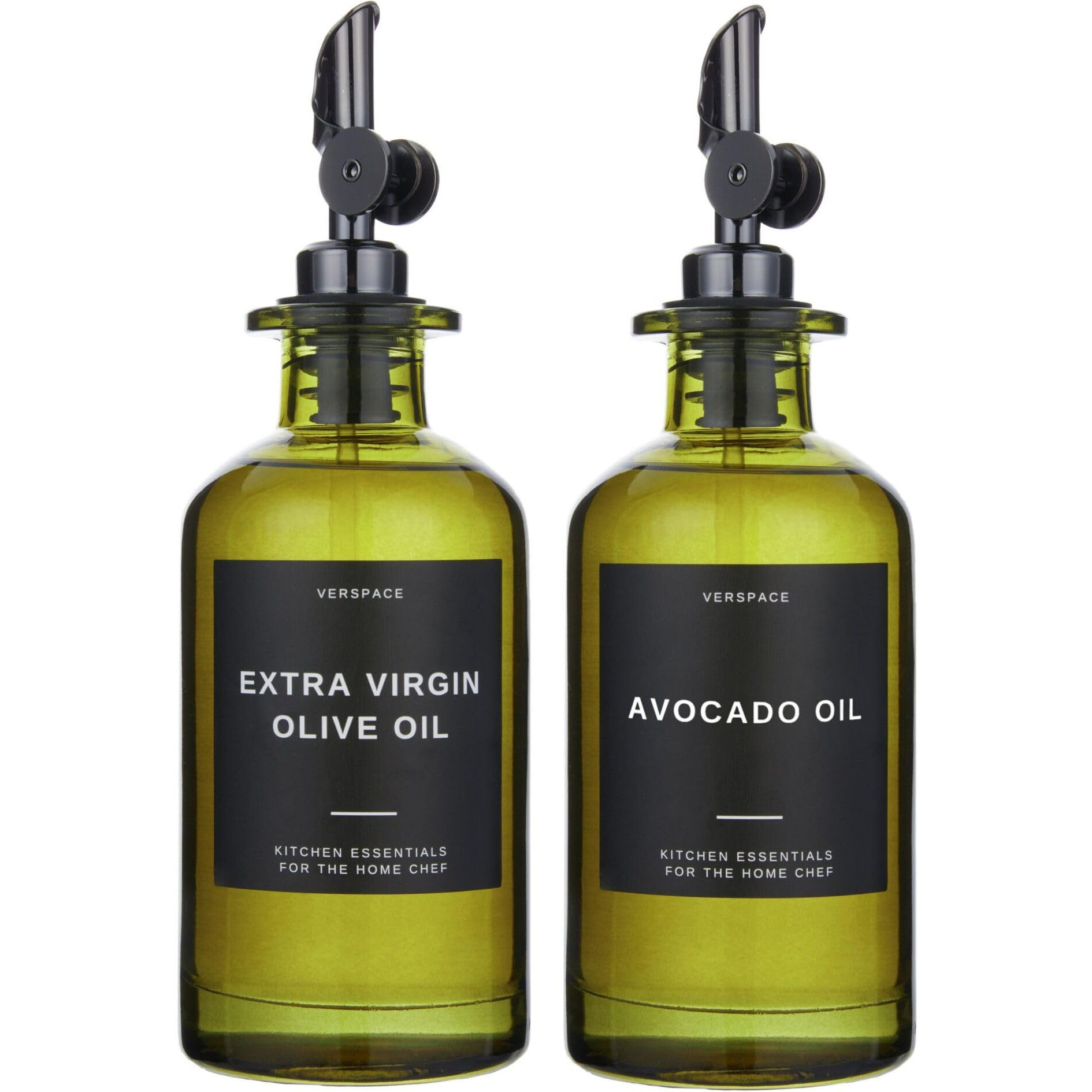 Green Glass Olive Oil Dispenser Bottle For Kitchen By Verpsace,Avocado Oil Dispenser Set, Modern Decor, Gold Kitchen Accessories For Home, Airbnb, Cafe (Black, Set Of 2)