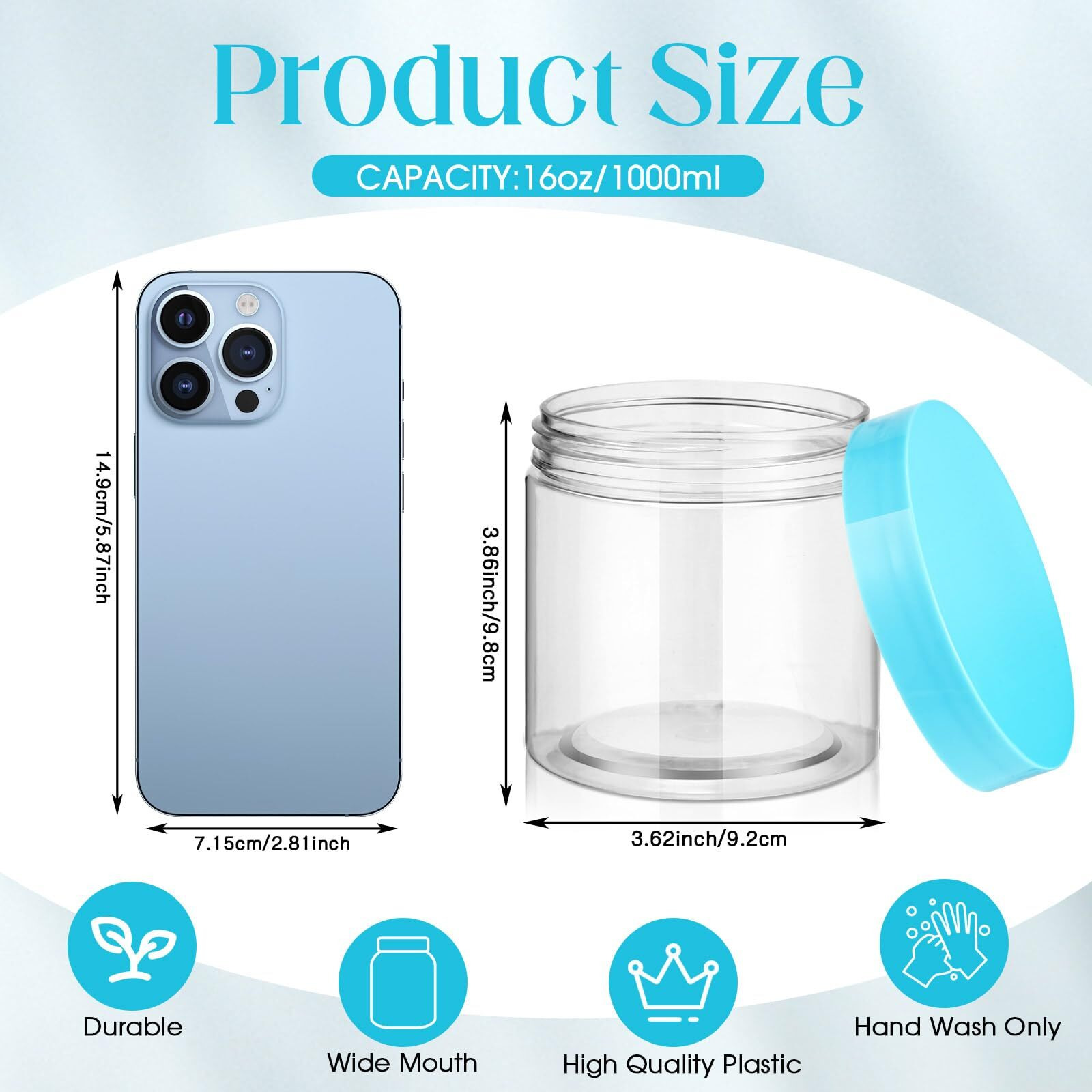 Patelai 4 Pieces Round Wide-Mouth Leak Proof Plastic Container Jars With Lids For Travel Storage Makeup Beauty Products Face Creams Oils Salves Ointments Diy Making(16 Ounce,Blue)