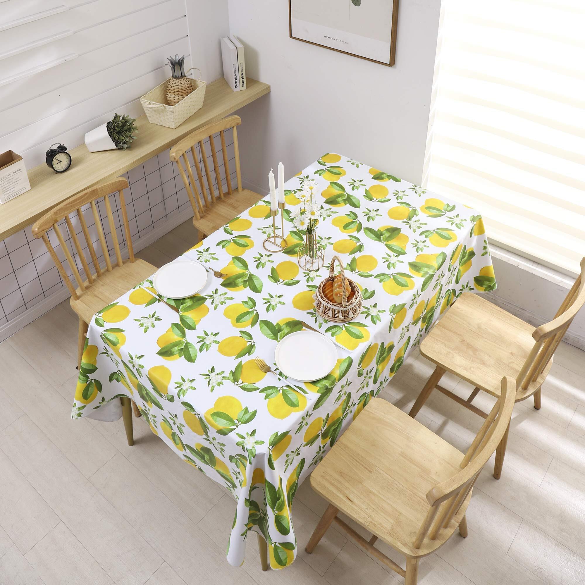 Vinyl Tablecloth With Flannel Backed Waterproof Oil-Proof Pvc Table Cloth Wipeable Spill-Proof Plastic Table Cover For Indoor And Outdoor(Lemon, 60 X 102 Inch Rectangle)