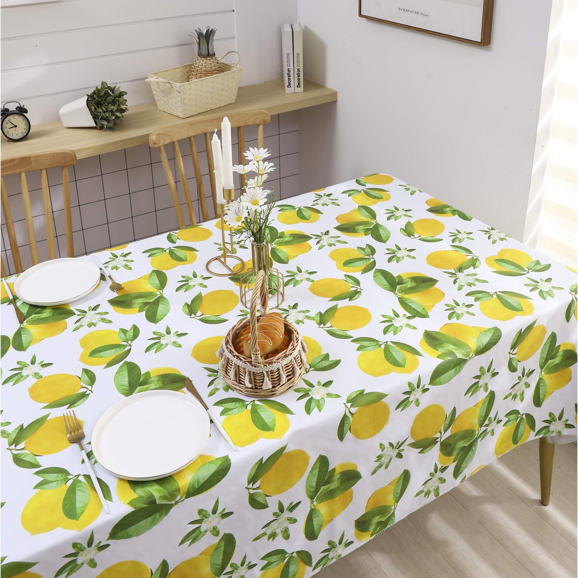 Vinyl Tablecloth With Flannel Backed Waterproof Oil-Proof Pvc Table Cloth Wipeable Spill-Proof Plastic Table Cover For Indoor And Outdoor(Lemon, 60 X 102 Inch Rectangle)