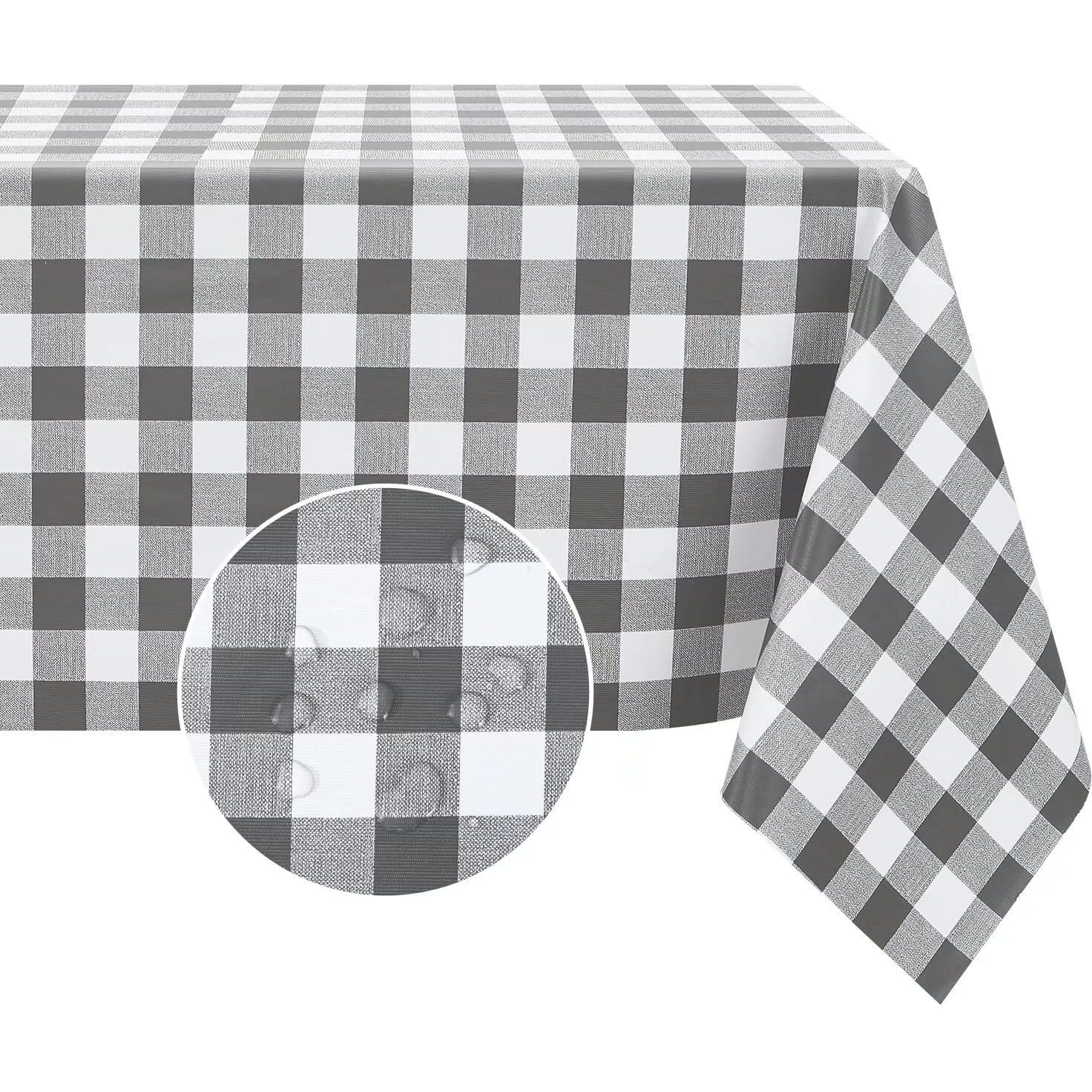Romanstile Square Vinyl Pvc Tablecloth, 100% Waterproof Buffalo Plaid Plastic Table Cloth, Oil Proof Heavy Duty Wipeable Table Covers For Dining/Camping/Picnic/Outdoor - 60 X 60, Grey And White