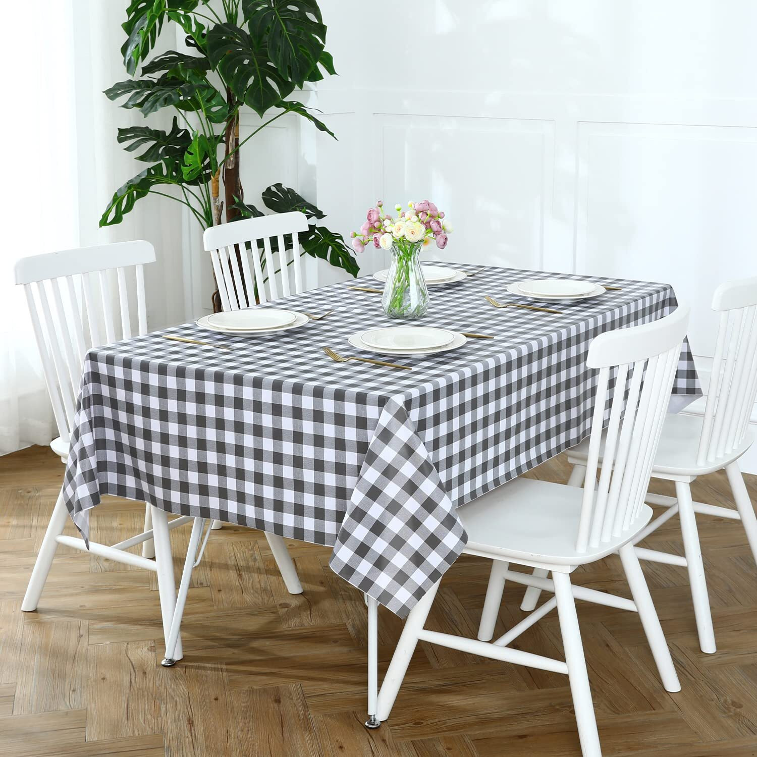 Romanstile Square Vinyl Pvc Tablecloth, 100% Waterproof Buffalo Plaid Plastic Table Cloth, Oil Proof Heavy Duty Wipeable Table Covers For Dining/Camping/Picnic/Outdoor - 60 X 60, Grey And White