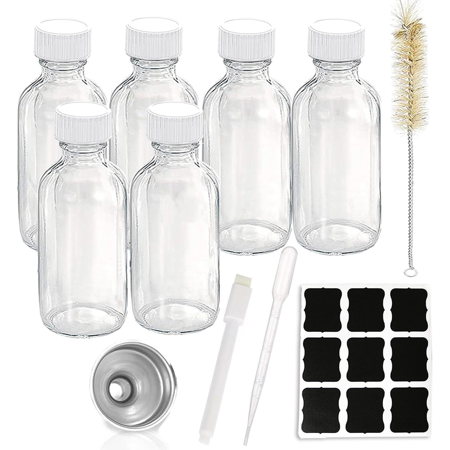 Z-Synka 2Oz Small Glass Bottles With Lids,60Ml Boston Round Wellness Shot Bourbon Whiskey Sample Bottles 2Oz For Liquor,Juices,Sauces,Essential Oils,Hot Sauce,Leak Proof 6 Pack