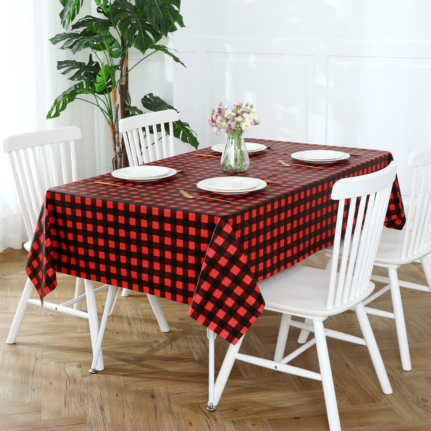 Romanstile Rectangle Vinyl Pvc Tablecloth, 100% Waterproof Buffalo Plaid Plastic Table Cloth, Oil Proof Heavy Duty Wipeable Table Covers For Dining/Camping/Picnic/Outdoor - 60 X 102, Black And Red