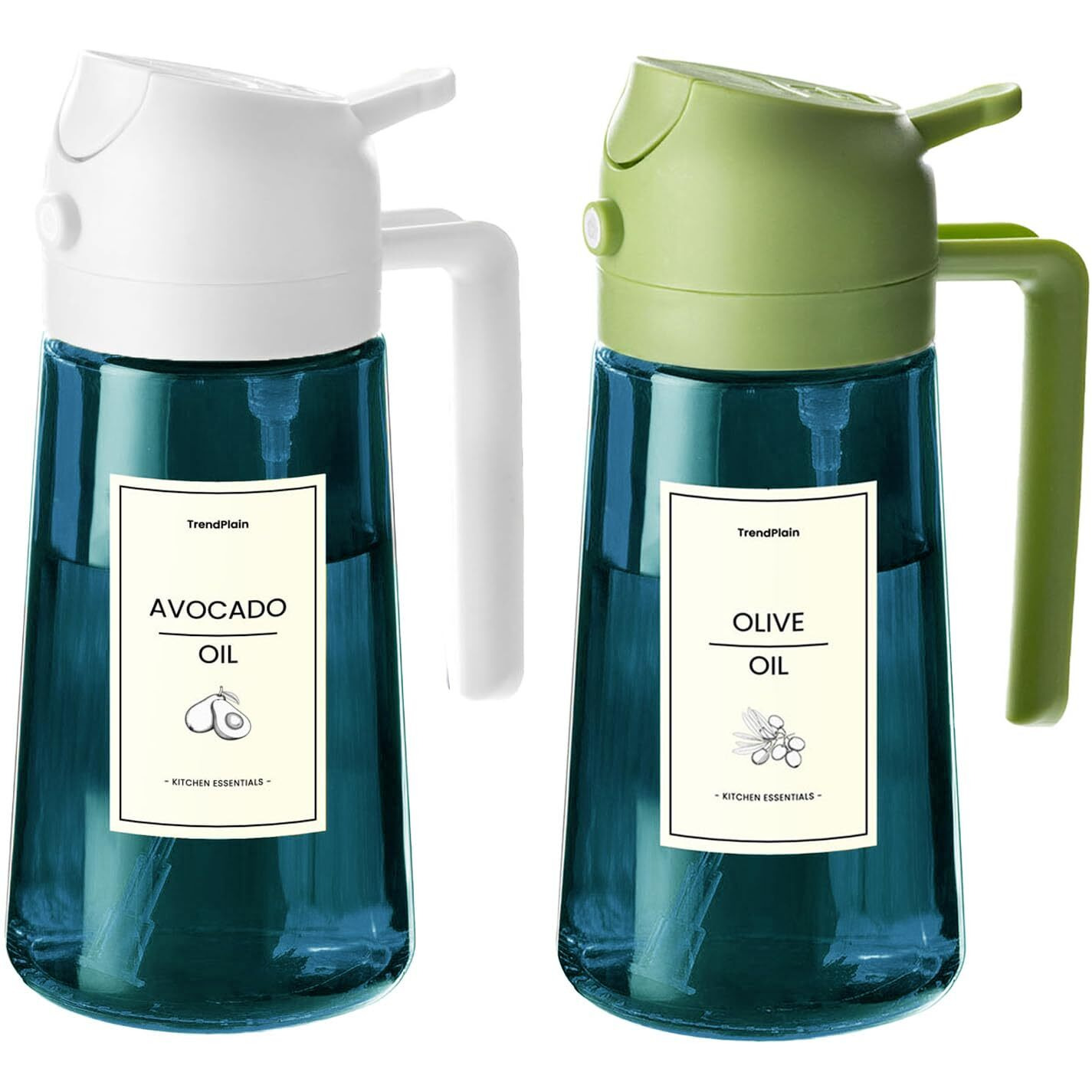Trendplain 16Oz/470Ml Blue Glass Olive Oil Sprayer For Cooking - 2 In 1 Olive Oil Dispenser For Kitchen Gadgets, Air Fryer, Salad, And Bbq - White & Green