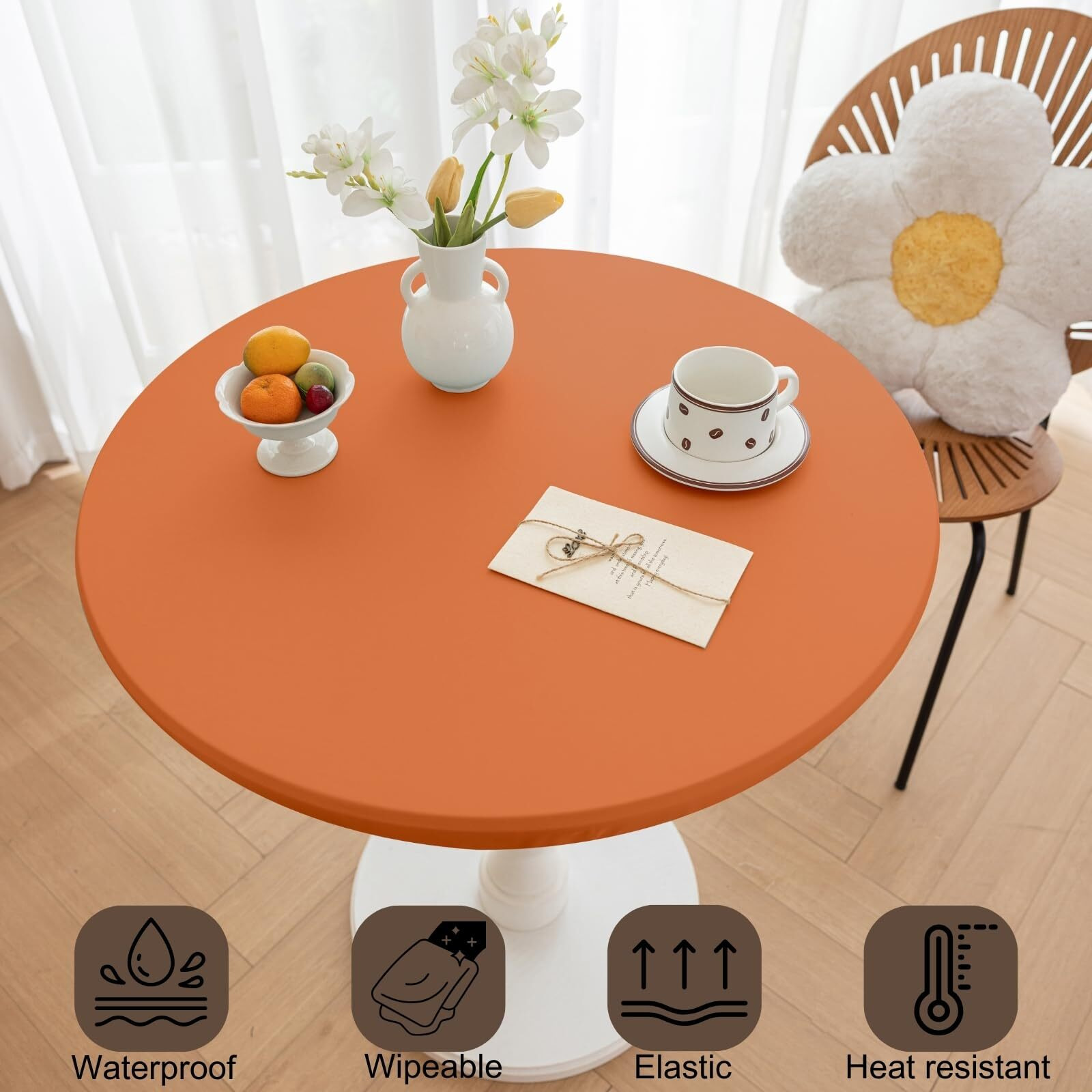 Huierxun Round Fitted Pu Tablecloth With High Elastic Edge 47 Inch Dia Waterproof Oil Proof Table Cloth Anti-Scald Stain-Resistant Wipeable Table Cover For Indoor Outdoor Picnic (Orange,47"" Dia)