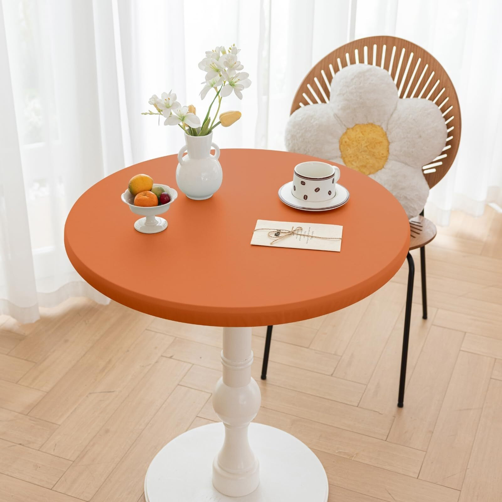 Huierxun Round Fitted Pu Tablecloth With High Elastic Edge 47 Inch Dia Waterproof Oil Proof Table Cloth Anti-Scald Stain-Resistant Wipeable Table Cover For Indoor Outdoor Picnic (Orange,47"" Dia)