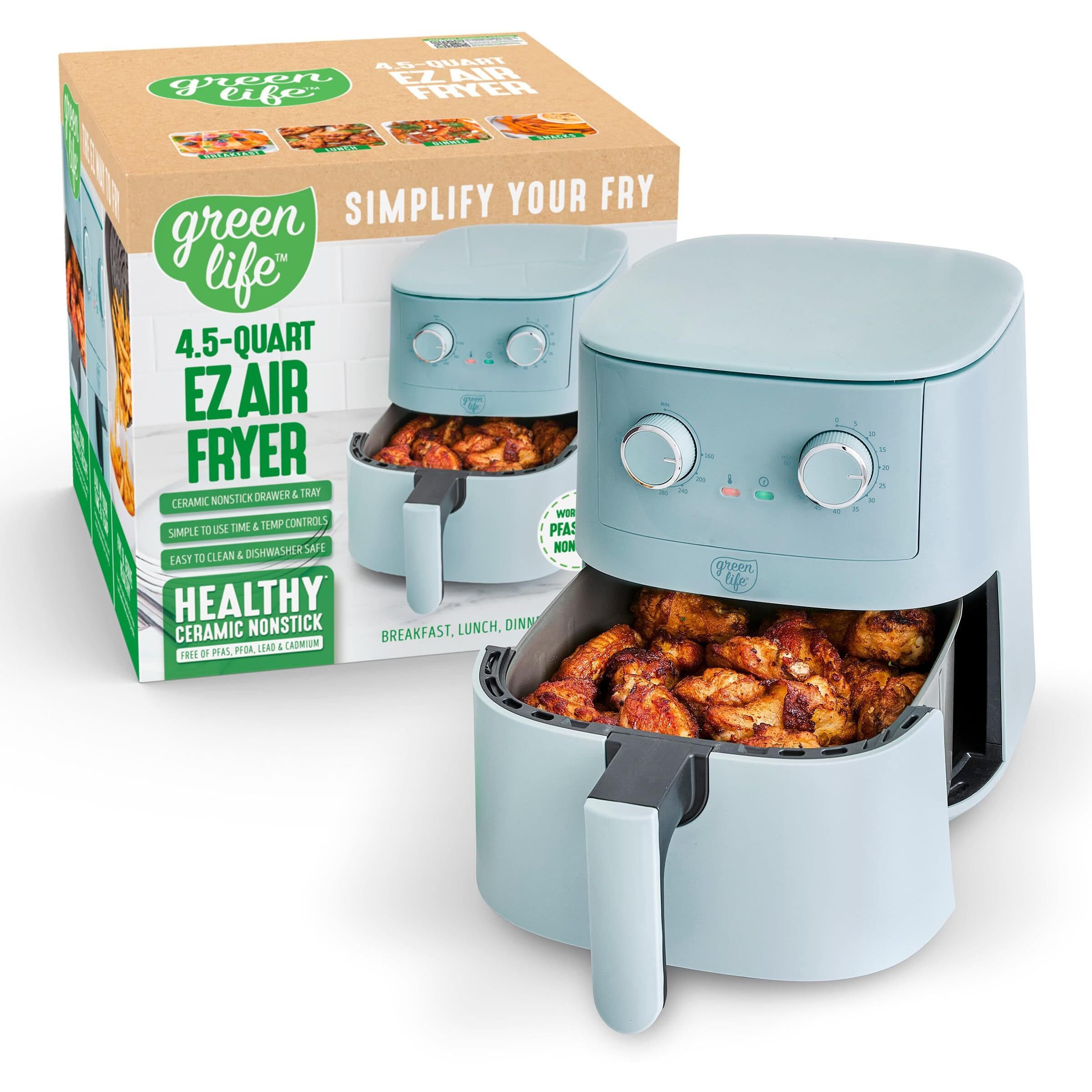Greenlife 4.5Qt Air Fryer, Mechanical Dial Controls, Pfas-Free Ceramic Nonstick Drawer, Adjustable Temp & Timer, Led Indicator, Oil-Less Cooking, Dishwasher Safe, Compact Family Size, Blue