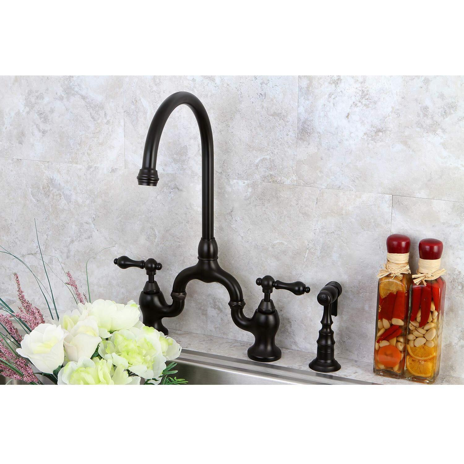 Kingston Brass Ks7795Albs English Country Bridge Kitchen Faucet With Brass Sprayer, 7-3/4 Inch Spout Reach, Oil Rubbed Bronze