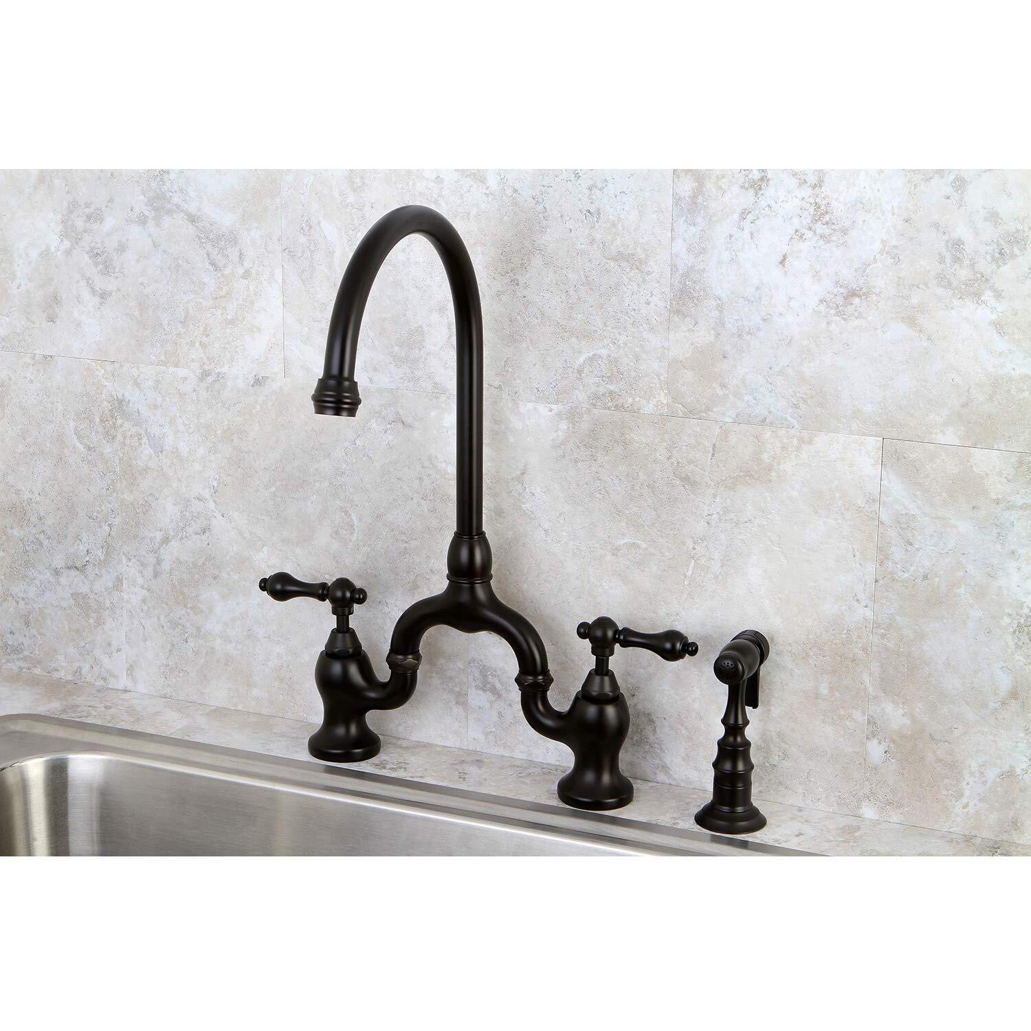 Kingston Brass Ks7795Albs English Country Bridge Kitchen Faucet With Brass Sprayer, 7-3/4 Inch Spout Reach, Oil Rubbed Bronze