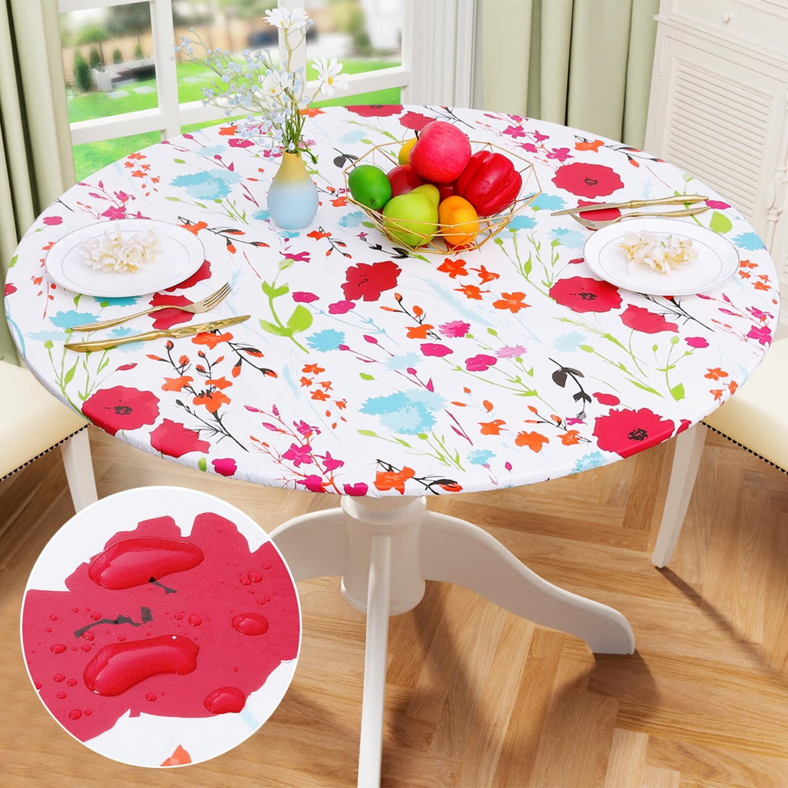 Misaya Round Fitted Tablecloth With Elastic Edge, 100% Waterproof Oil Proof Plastic Table Cover, Vinyl Flannel Backed Tablecloth Fits 31""-35"" Round Tables For Dinner, Outdoor, Picnic, Flowers