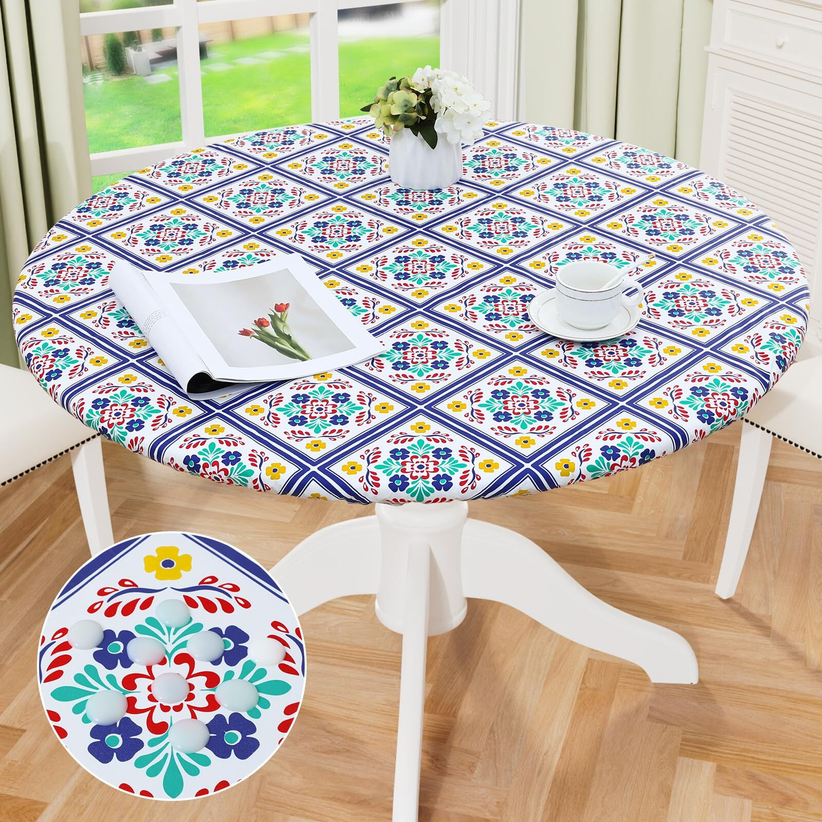 Misaya Round Fitted Tablecloth With Elastic Edge, 100% Waterproof Oil Proof Plastic Table Cover, Vinyl Flannel Backed Tablecloth Fits 36""-44"" Round Tables For Dinner, Outdoor, Picnic, Geometric Flower