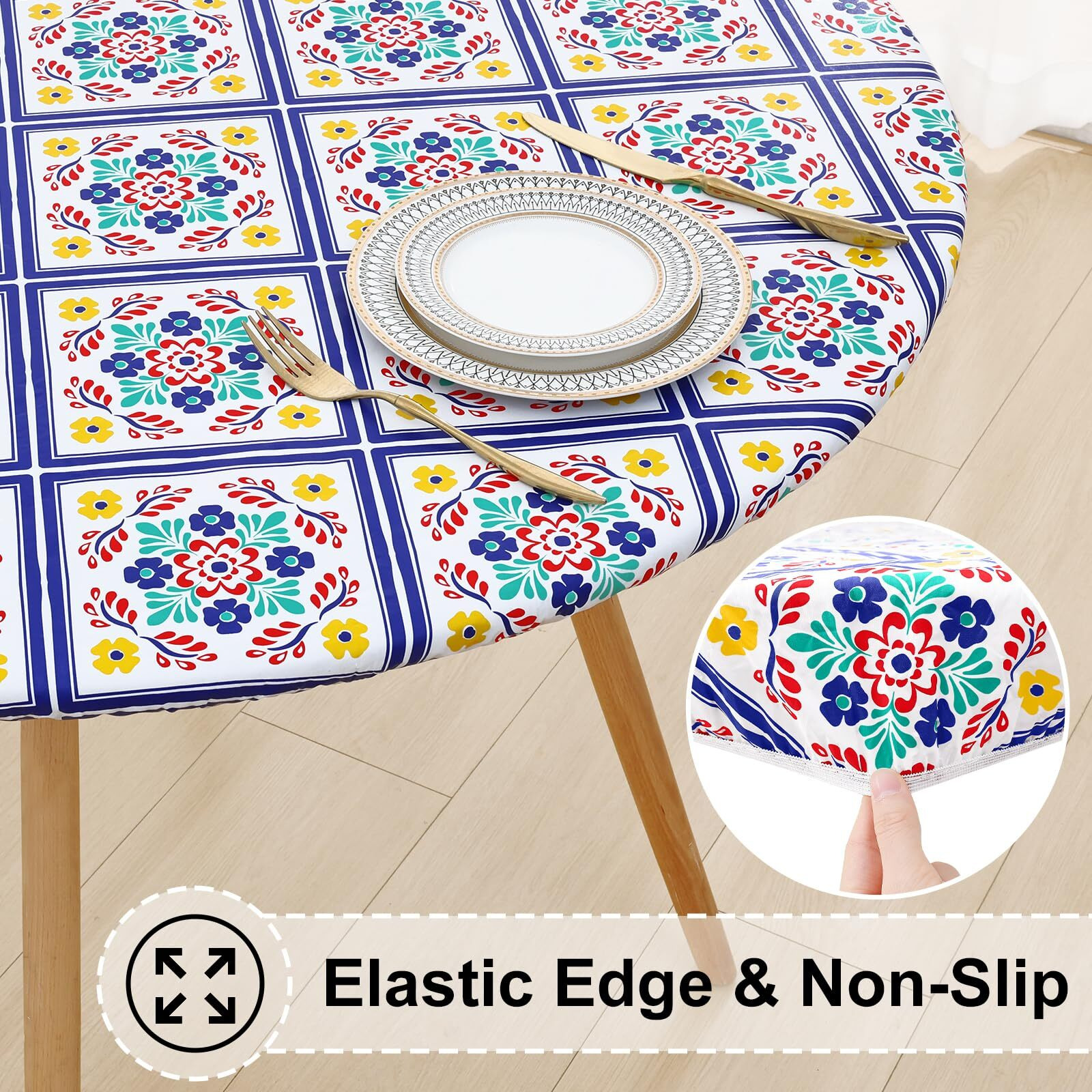 Misaya Round Fitted Tablecloth With Elastic Edge, 100% Waterproof Oil Proof Plastic Table Cover, Vinyl Flannel Backed Tablecloth Fits 36""-44"" Round Tables For Dinner, Outdoor, Picnic, Geometric Flower