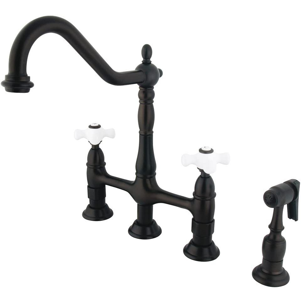 Kingston Brass Ks1275Pxbs Heritage Bridge Kitchen Faucet With Brass Sprayer, Oil Rubbed Bronze