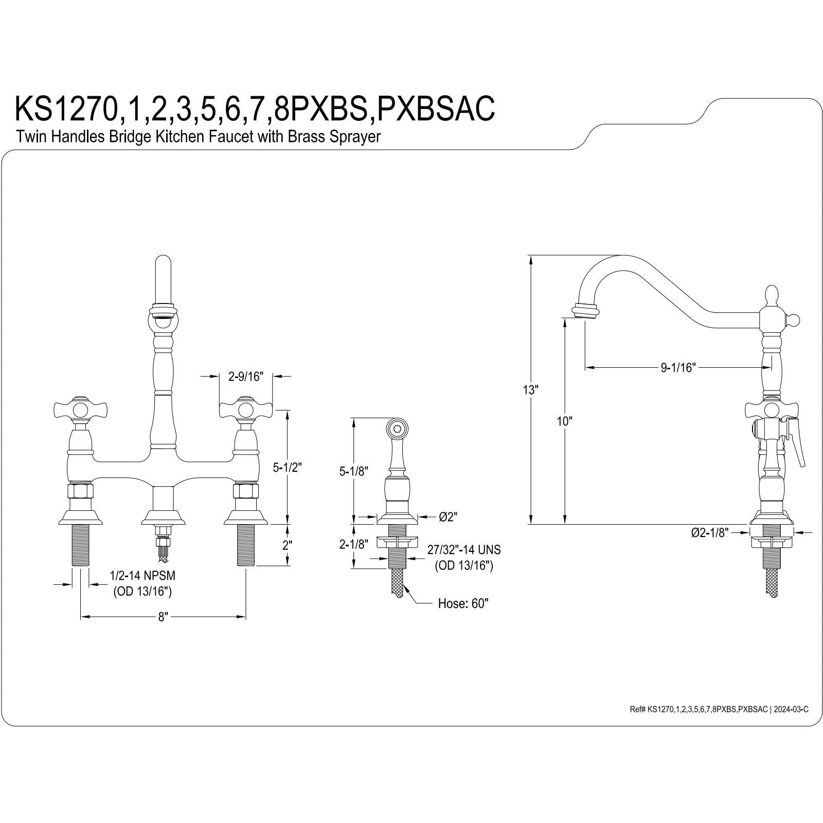 Kingston Brass Ks1275Pxbs Heritage Bridge Kitchen Faucet With Brass Sprayer, Oil Rubbed Bronze