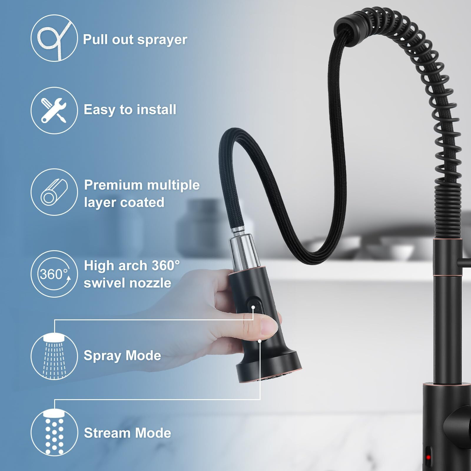 Djs Kitchen Faucets With Pull Down Sprayer Oil Rubbed Bronze -Touchless Single Handle 1 Or 3 Holes Spring Kitchen Sink Faucet With Deck Plate For Farmhouse Rv Vessel Basin