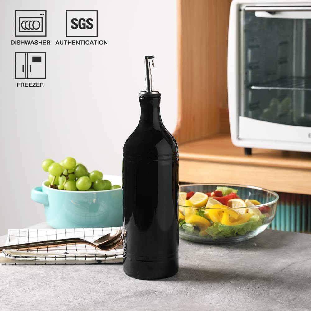 Sweejar Large Ceramic Olive Oil Dispenser Bottle, Opaque Oil Cruet Protects Oil To Reduce Oxidation, Suitable For Storage Oil, Vinegar, Soy Sauce & Other Liquids, Pack Of 1, 24 Fl Oz (Black)