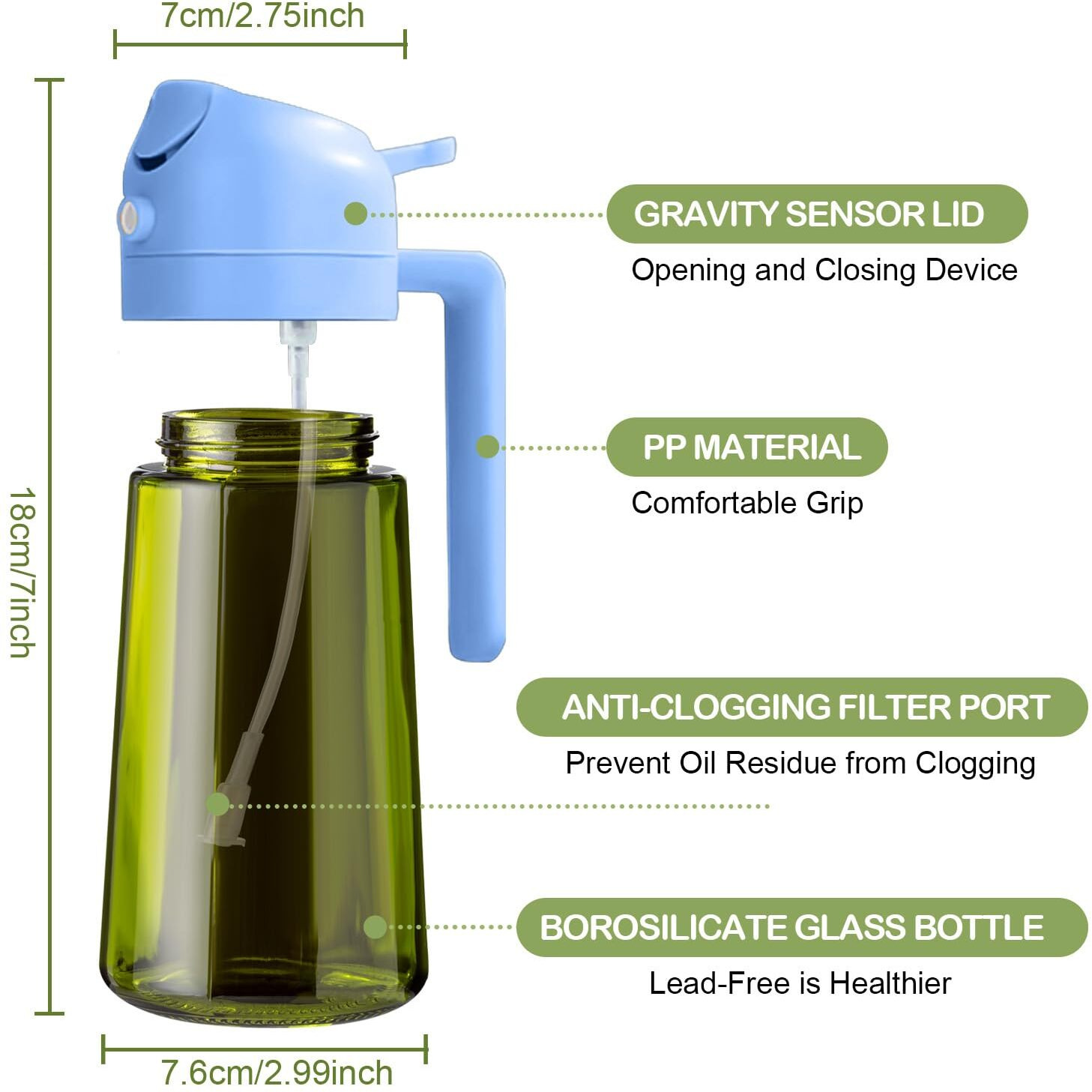 Yarramate 16Oz/470Ml Dark Green Oil Sprayer For Cooking With Stickers, Food-Grade Premium 2 In 1 Olive Oil Dispenser Bottle For Kitchen Gadgets, Air Fryer, Salad, Frying, Bbq (Skyblue)