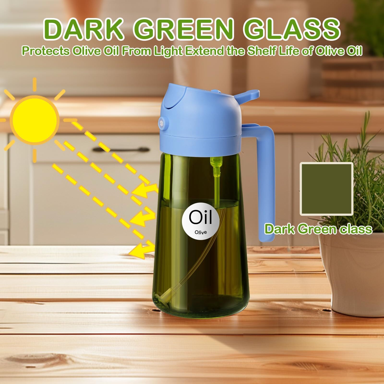 Yarramate 16Oz/470Ml Dark Green Oil Sprayer For Cooking With Stickers, Food-Grade Premium 2 In 1 Olive Oil Dispenser Bottle For Kitchen Gadgets, Air Fryer, Salad, Frying, Bbq (Skyblue)