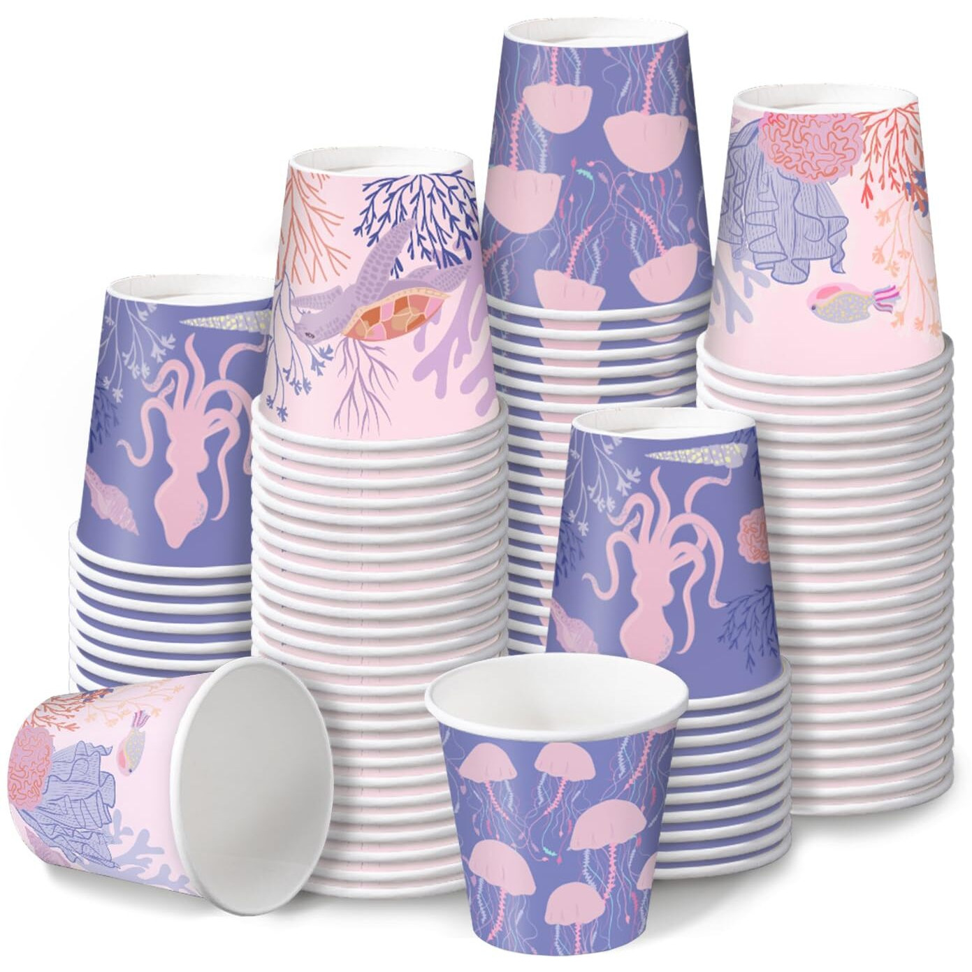 Ruspepa 3 Oz Bathroom Cups, Kids Disposable Paper Cups - 100 Pack Set Pink Purple Ocean Printed - Mini Mouthwash Rinse Paper Cups For Home Bathroom, Picnic, Bbq, Travel And Party