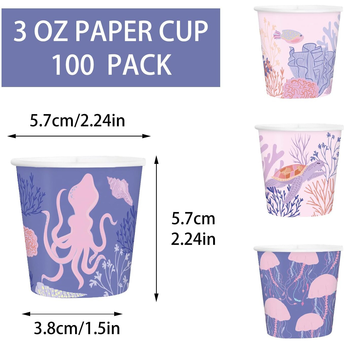 Ruspepa 3 Oz Bathroom Cups, Kids Disposable Paper Cups - 100 Pack Set Pink Purple Ocean Printed - Mini Mouthwash Rinse Paper Cups For Home Bathroom, Picnic, Bbq, Travel And Party
