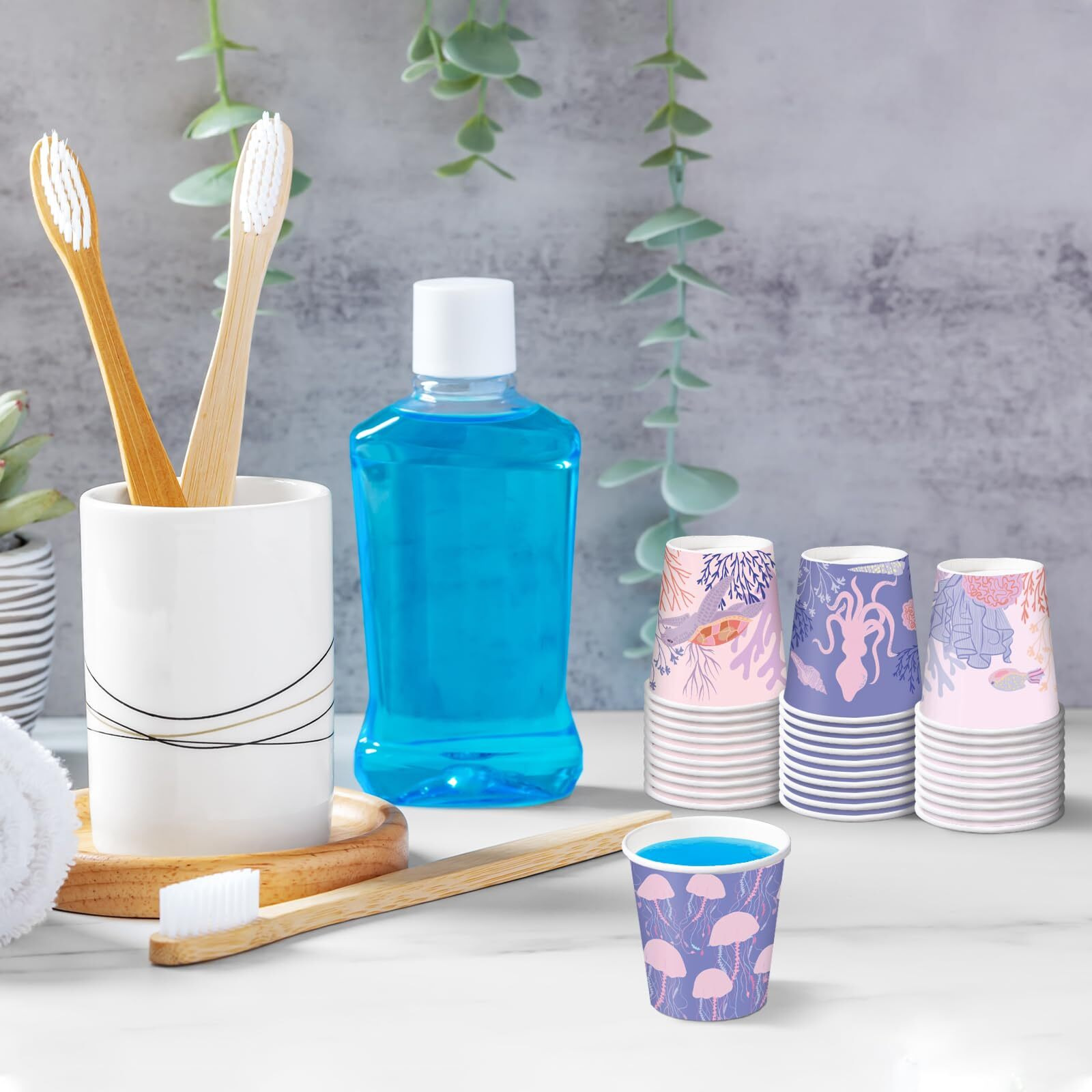 Ruspepa 3 Oz Bathroom Cups, Kids Disposable Paper Cups - 100 Pack Set Pink Purple Ocean Printed - Mini Mouthwash Rinse Paper Cups For Home Bathroom, Picnic, Bbq, Travel And Party