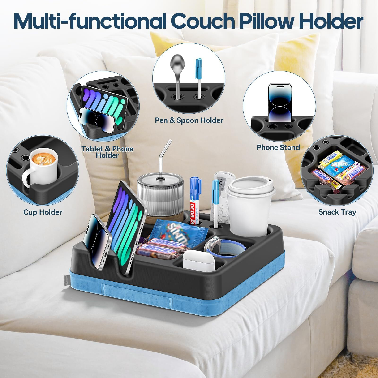 Couch Cup Holder Tray Silicone Couch Cup Holder Pillow Sofa Bed Caddy Organizer Sofa Drink Holder No Spill Portable Snack Caddy Bed Tray Remote Holder Sofa Storage For Phone Tab Pen Key Beverage Blue