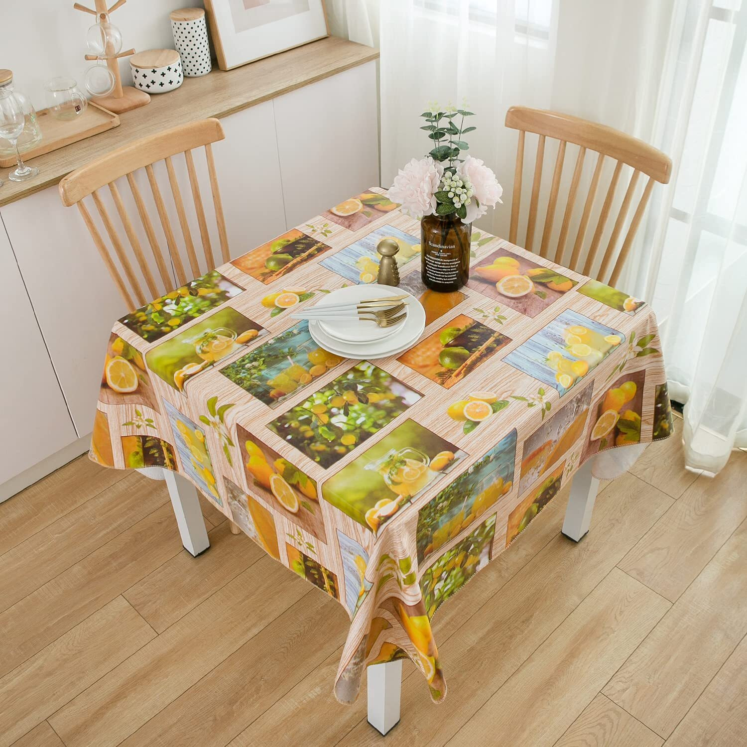 Vinyl Tablecloth With Flannel Backed Waterproof Oil-Proof Pvc Table Cloth Wipeable Spill-Proof Plastic Table Cover For Indoor And Outdoor(Lemon Style, 60 X 102 Inch Rectangle)