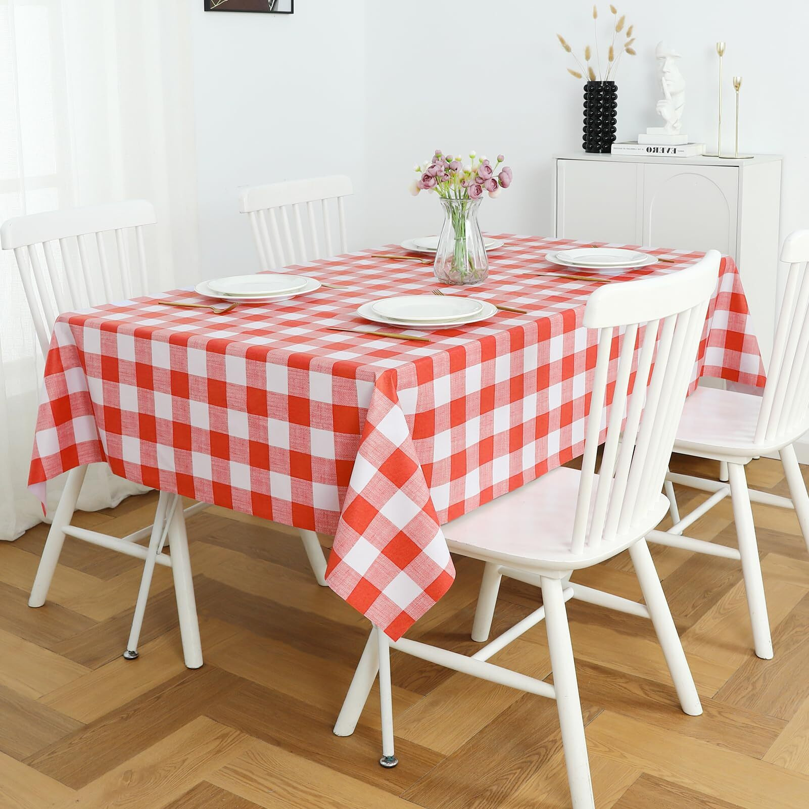 Romanstile Rectangle Plastic Tablecloth, 100% Waterproof Oil-Proof Checkered Pvc Table Cloth, Heavy Duty Vinyl Table Cover For Dining, Camping, Picnic, Outdoor - 54 X 120 Inch, Red And White