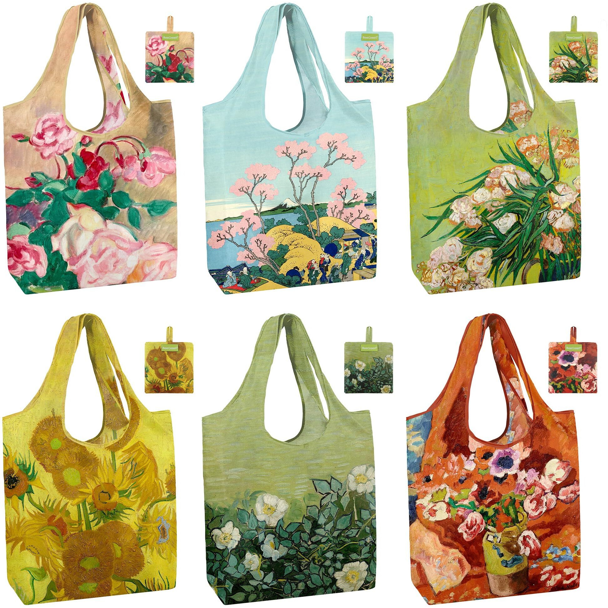 Beegreen Oil Painting Reusable Grocery Bags 6 Pack, Heavy Duty Totes For Women, Foldable Grocery Bag Large Shopping Totes With Handles For Work, Travel, Gift, Polyester Washable Reusable Tote Bag