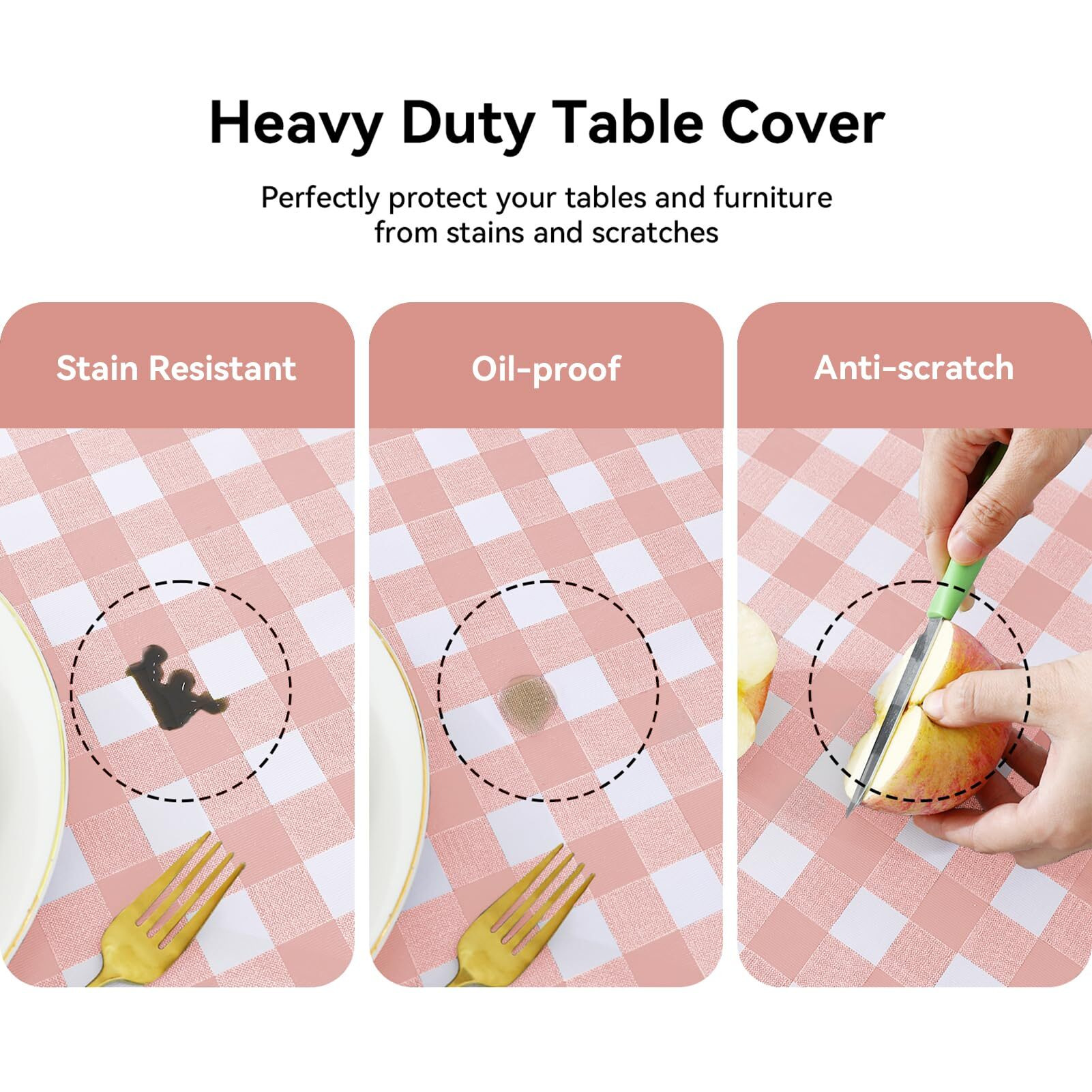 Romanstile Rectangle Plastic Tablecloth, 100% Waterproof Oil-Proof Checkered Pvc Table Cloth, Heavy Duty Vinyl Table Cover For Dining, Camping, Picnic, Outdoor - 54 X 54 Inch, Light Pink