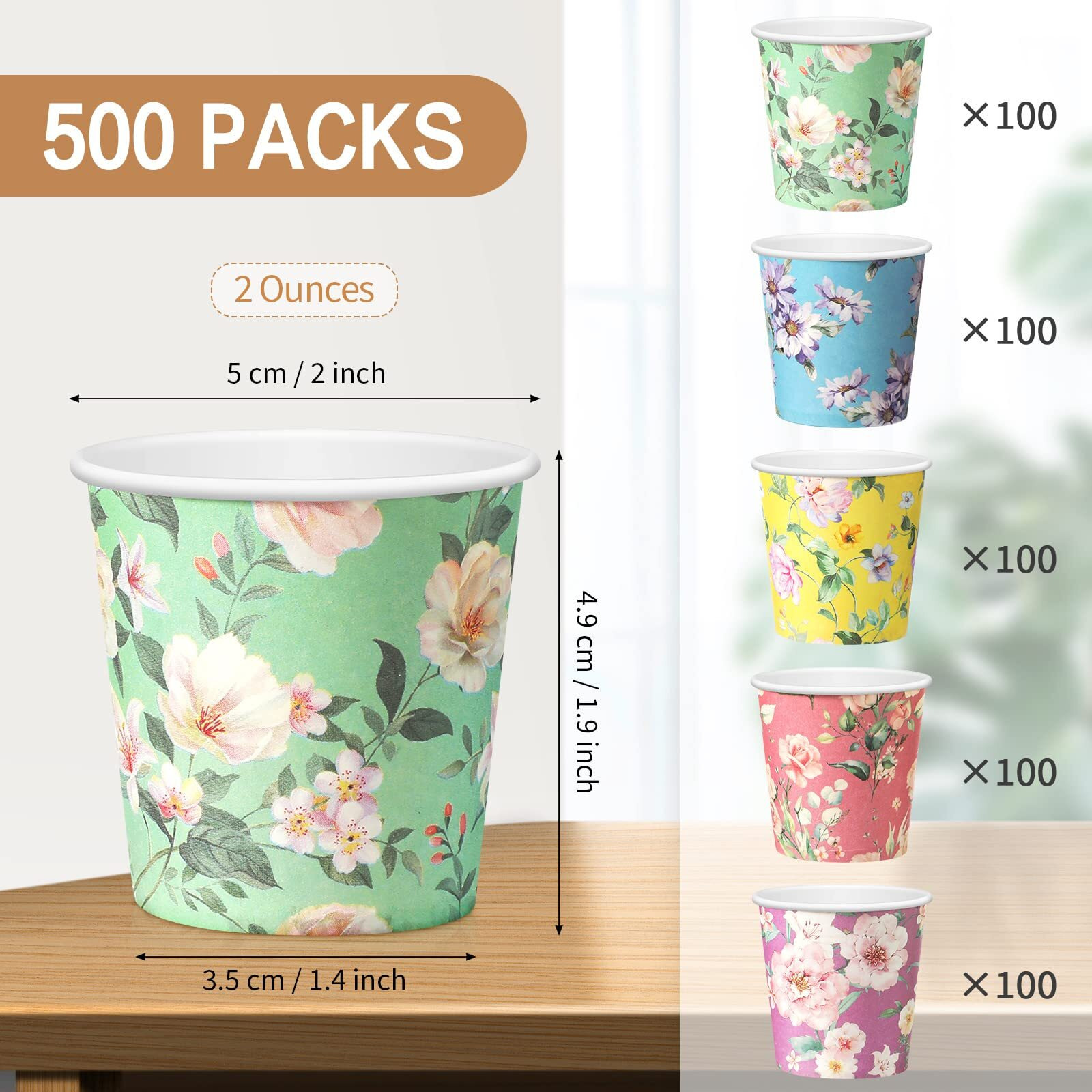 Tiamon 500 Pcs Floral Tasting Paper Cups 2Oz Disposable Mouthwash Cup Mini Flower Beverage Drinking Teacup For Adult Kitchen Bathroom Picnic Travel Events Party Supplies Favors, 5 Colors
