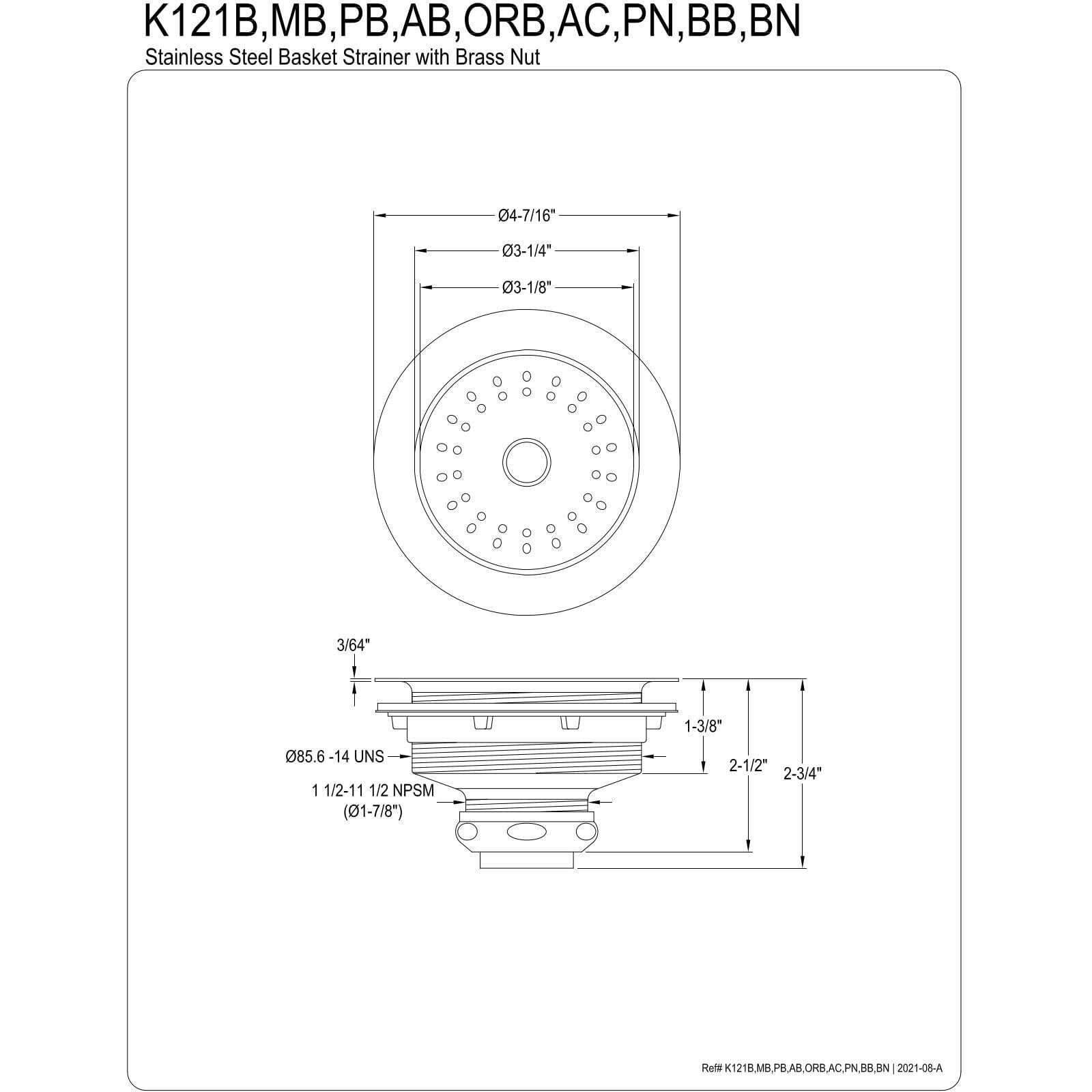 Kingston Brass K121Borb Fresno 3-1/2 Inch Stainless Steel Kitchen Sink Basket Strainer, Oil Rubbed Bronze
