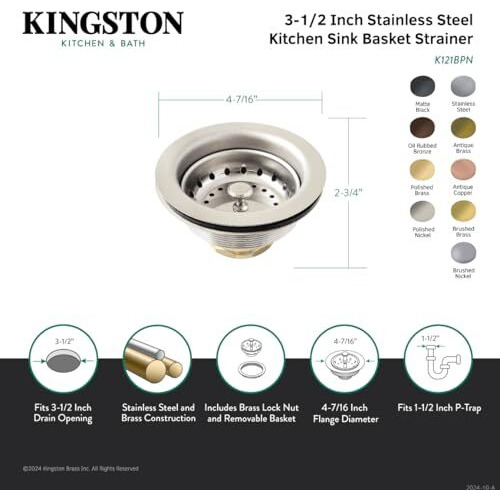 Kingston Brass K121Borb Fresno 3-1/2 Inch Stainless Steel Kitchen Sink Basket Strainer, Oil Rubbed Bronze