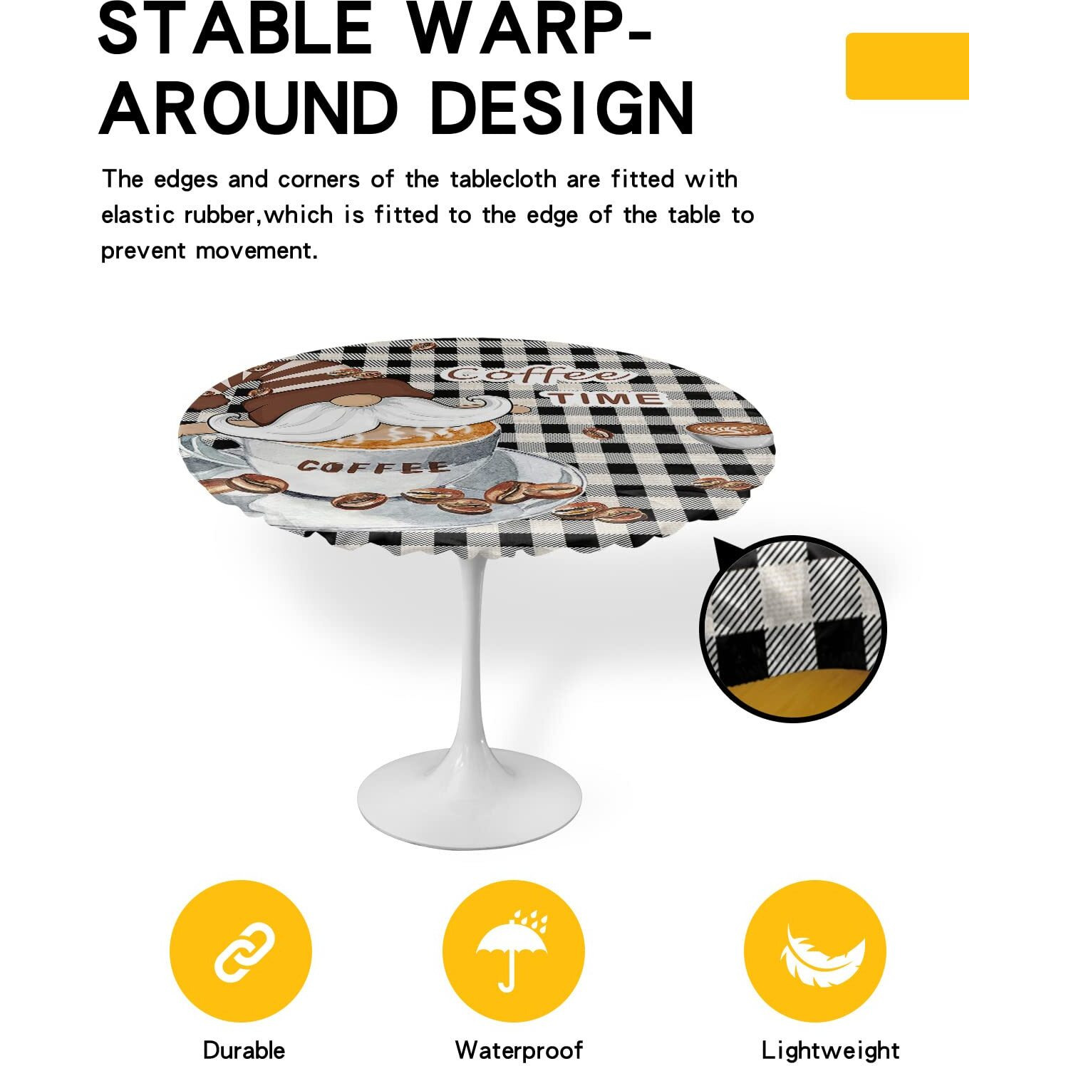 Ewdewwo Coffee Gnome Elastic Round Tablecloth, Funny Gnomes On Cup Black Plaid Border Fitted Tablecloths For Round Table Oil-Proof Waterproof Table Cloth (Fit For 45"" - 54"" Round Tables)