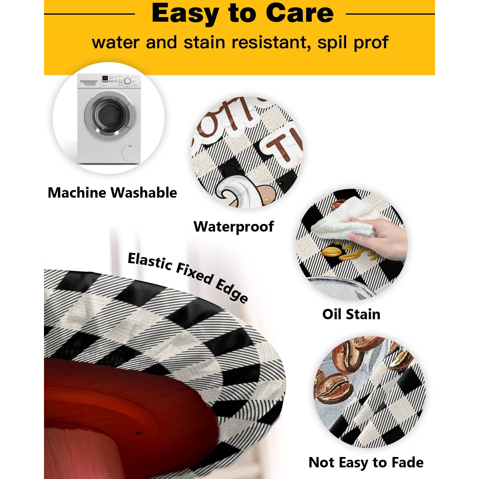 Ewdewwo Coffee Gnome Elastic Round Tablecloth, Funny Gnomes On Cup Black Plaid Border Fitted Tablecloths For Round Table Oil-Proof Waterproof Table Cloth (Fit For 45"" - 54"" Round Tables)