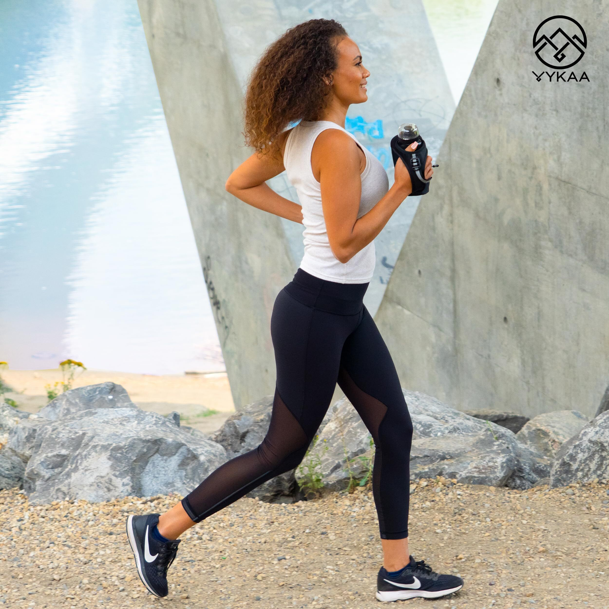 Vykaa Handheld Running Water Bottle (17Oz) | Water Bottle Phone Holder | Secure Seal & Non-Slip Rubber Grip | Phone Holder For Running | Hydration Bottle | Runners Water Bottle Hand (Black Fabric)
