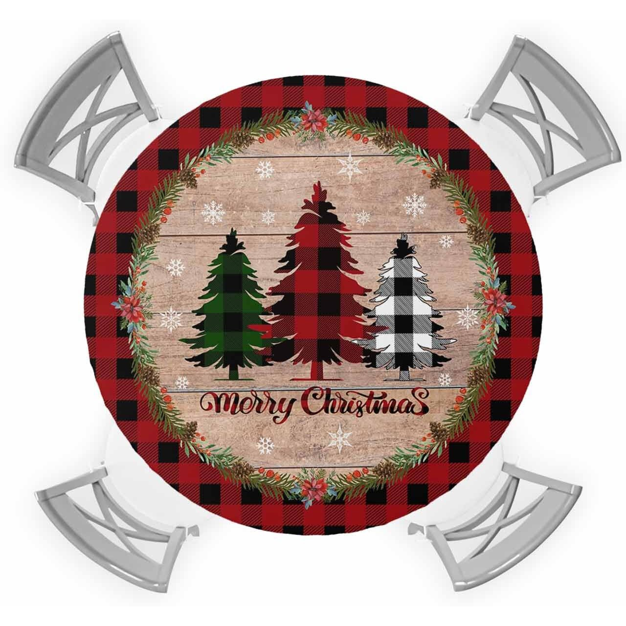 Ewdewwo Christmas Elastic Round Tablecloth, Christmas Tree Red Buffalo Plaid Xmas Snowflake Fitted Tablecloths For Round Table Oil-Proof Waterproof Table Cloth (Fit For 55"" - 60"" Round Tables)