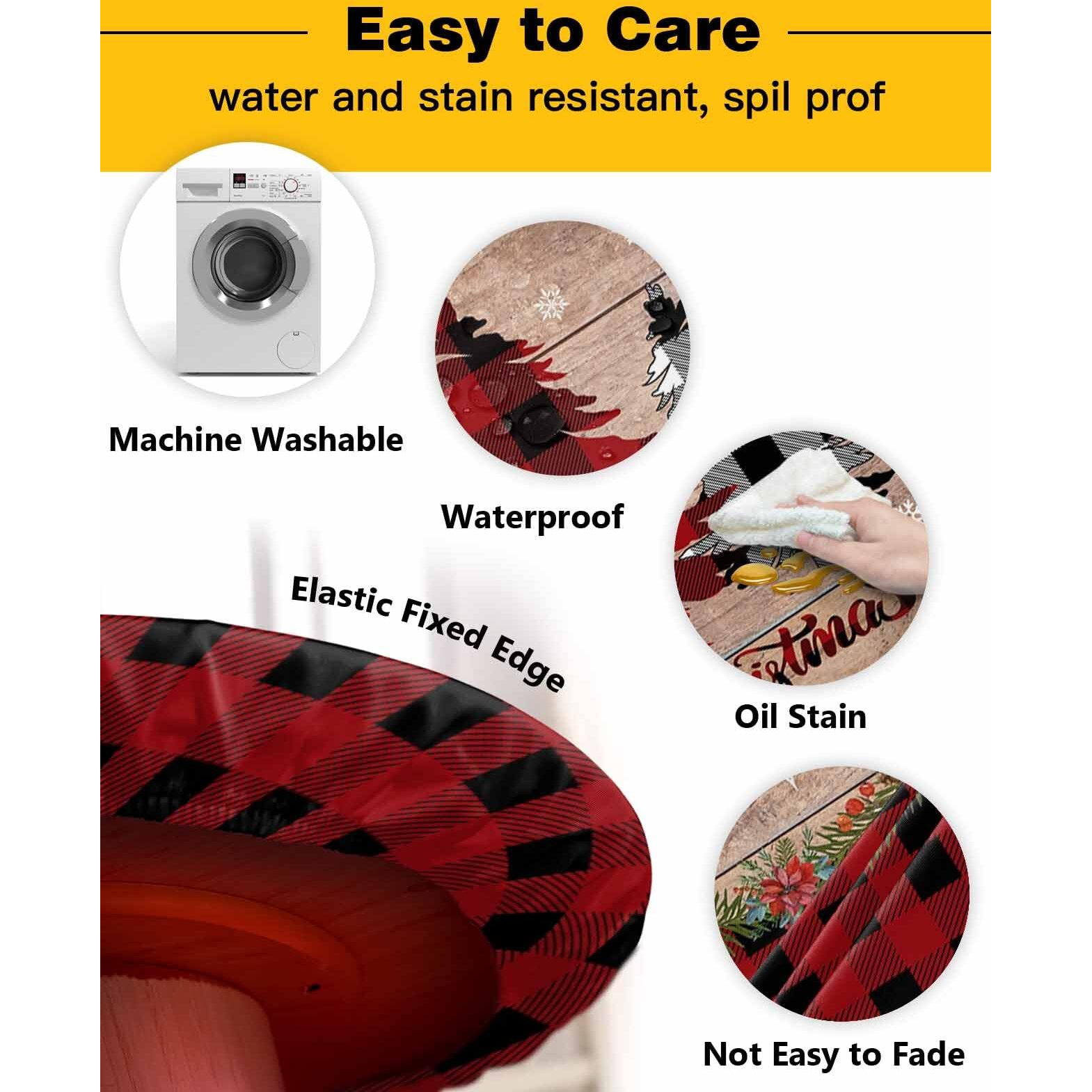 Ewdewwo Christmas Elastic Round Tablecloth, Christmas Tree Red Buffalo Plaid Xmas Snowflake Fitted Tablecloths For Round Table Oil-Proof Waterproof Table Cloth (Fit For 55"" - 60"" Round Tables)