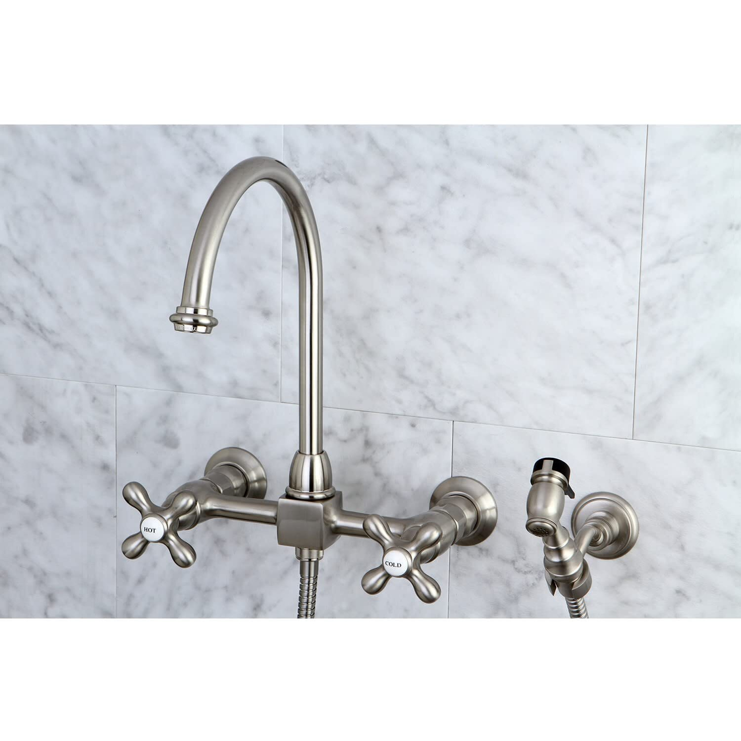 Kingston Brass Ks1295Axbs Restoration 8-Inch Centerset Wall Mount Kitchen Faucet With Brass Sprayer, Oil Rubbed Bronze