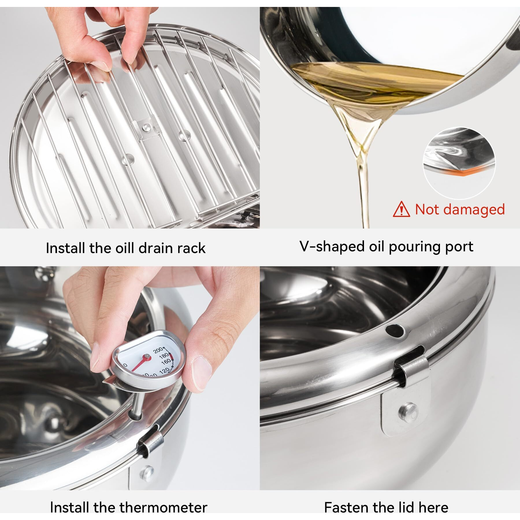 Kerilyn Deep Fryer Pot, 11 Inch/4.2 L Janpanese Style Tempura Frying Pot With Lid, 304 Stainless Steel With Temperature Control And Oil Drip Drainer Rack, For Kitchen French Fries, Chicken Etc